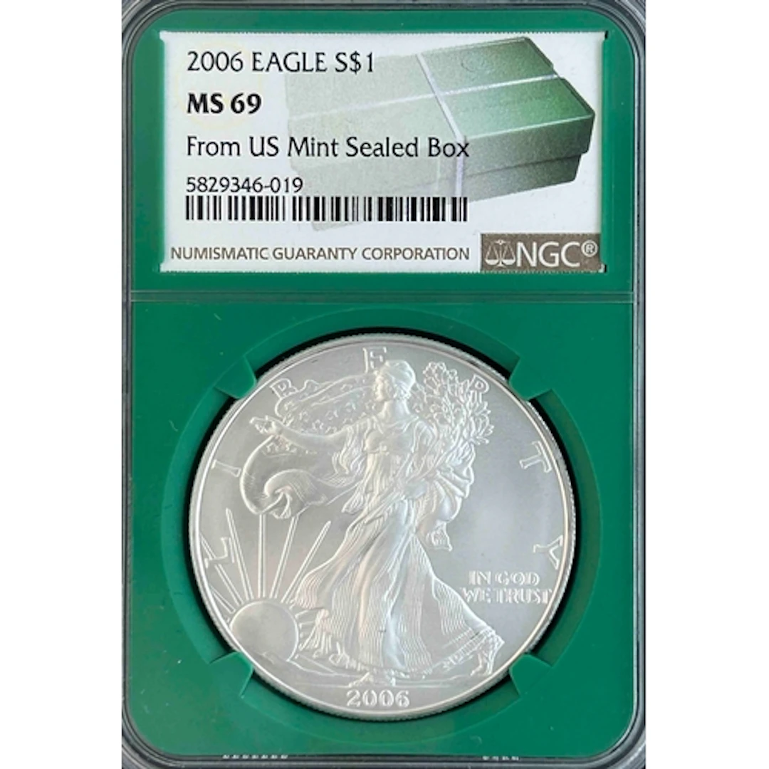 2006 USA $1 silver Eagle, from US Mint sealed box, slabbed a...