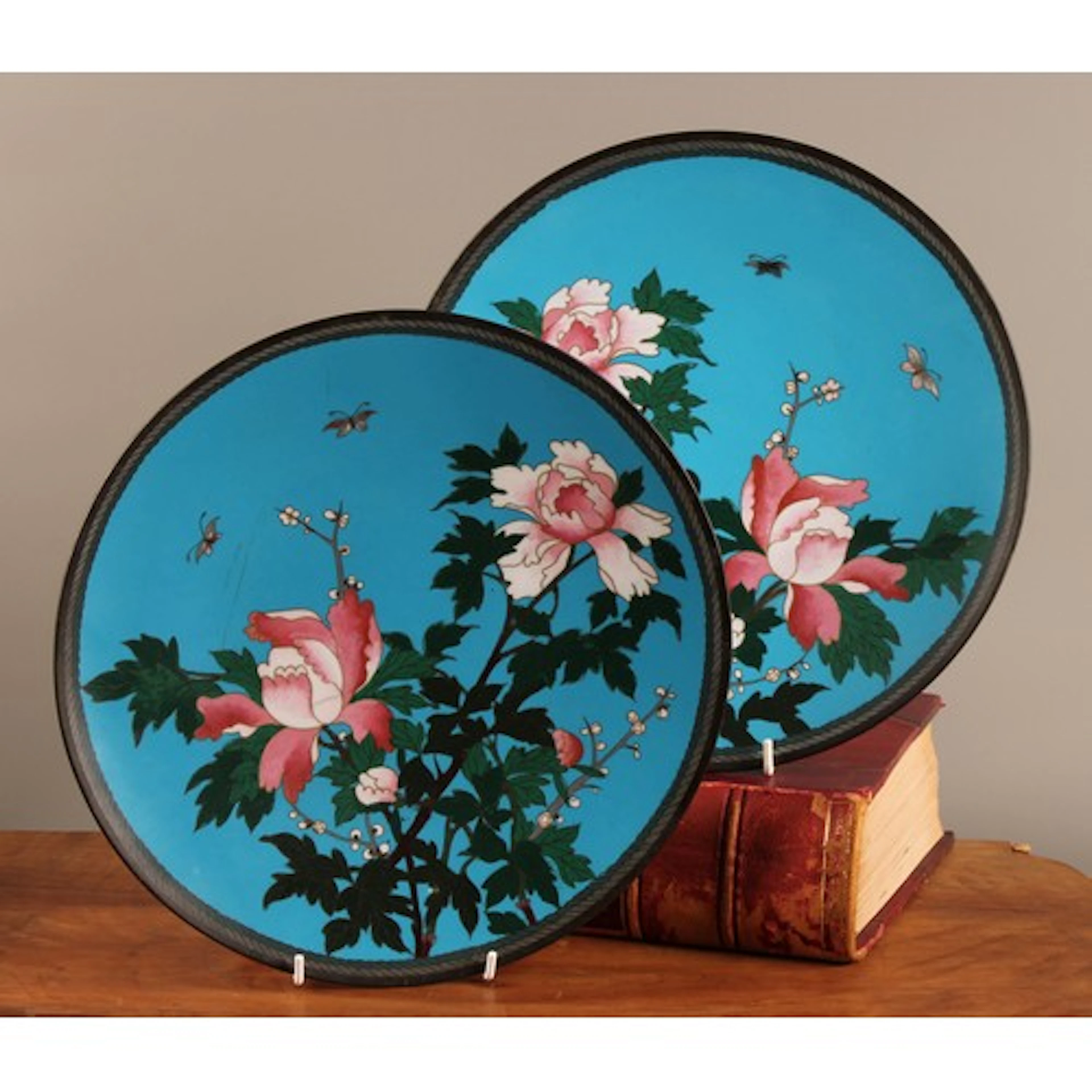 A pair of Japanese cloisonné enamel circular chargers, decor...
