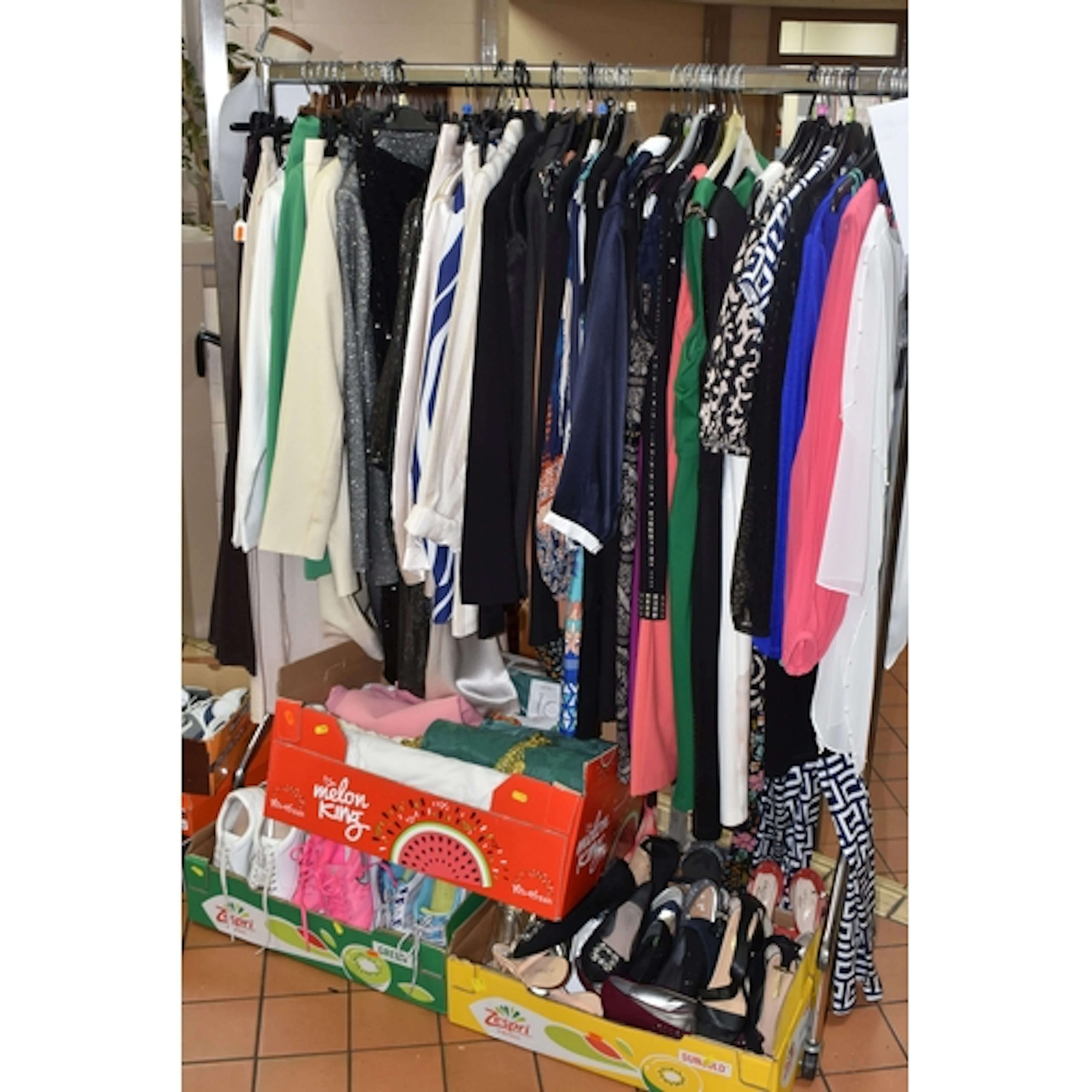 THREE BOXES AND LOOSE LADIES CLOTHES AND SHOES, to include c...