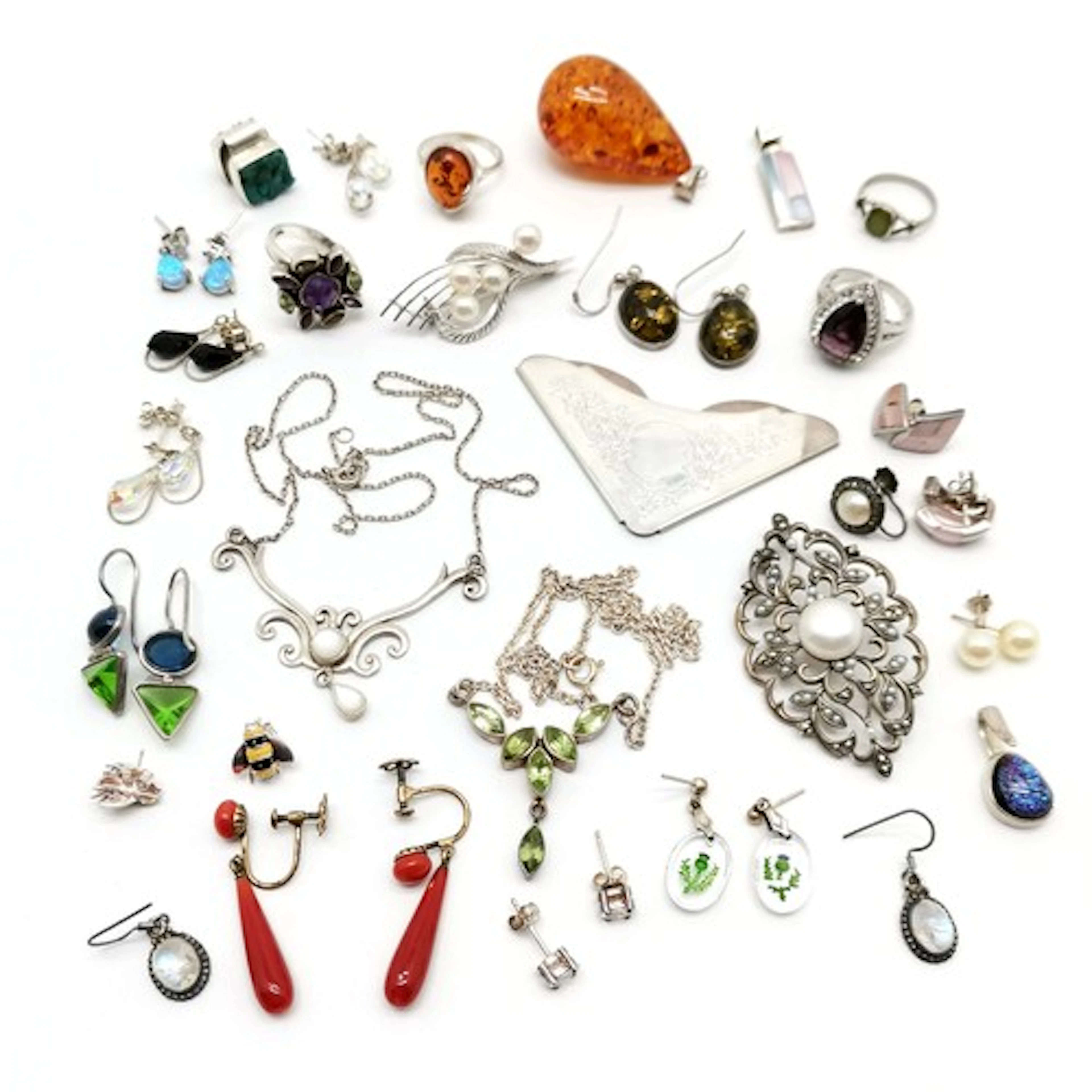 Qty of silver jewellery inc opal & enamel bee earrings, ambe...