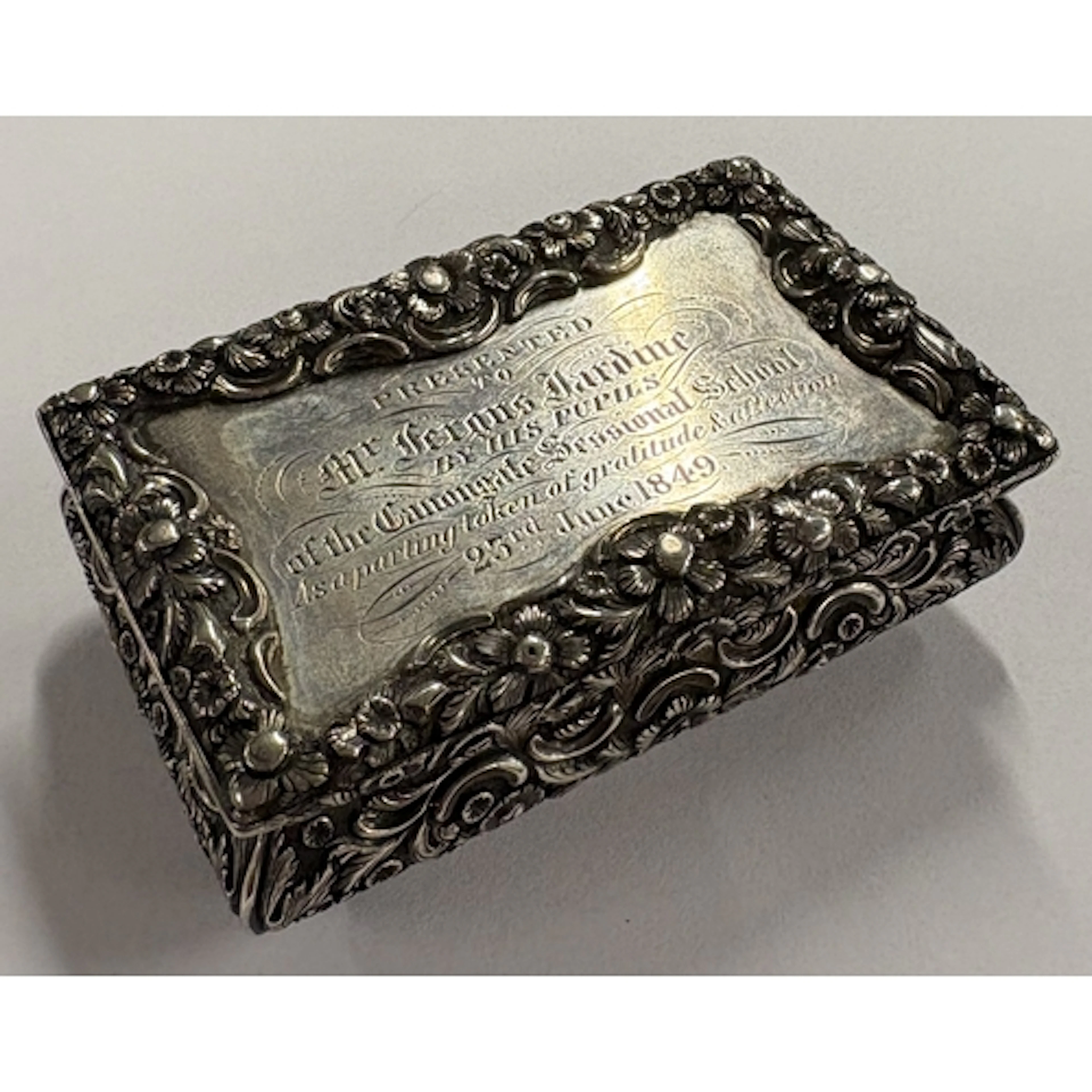 A novelty silver snuff box with cast border. Birmingham 1836...