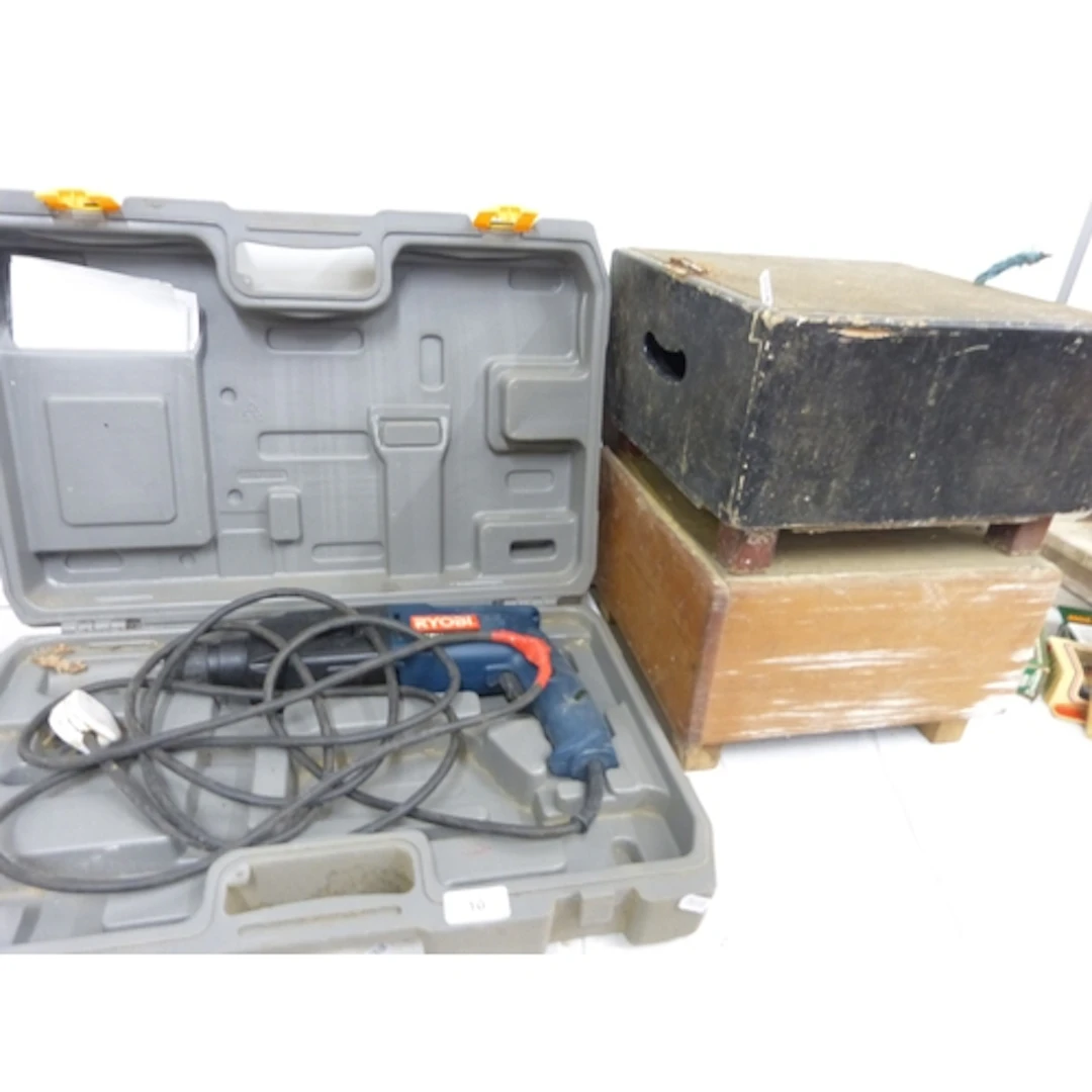 Two workshop stools and Ryobi electric hammer drill.