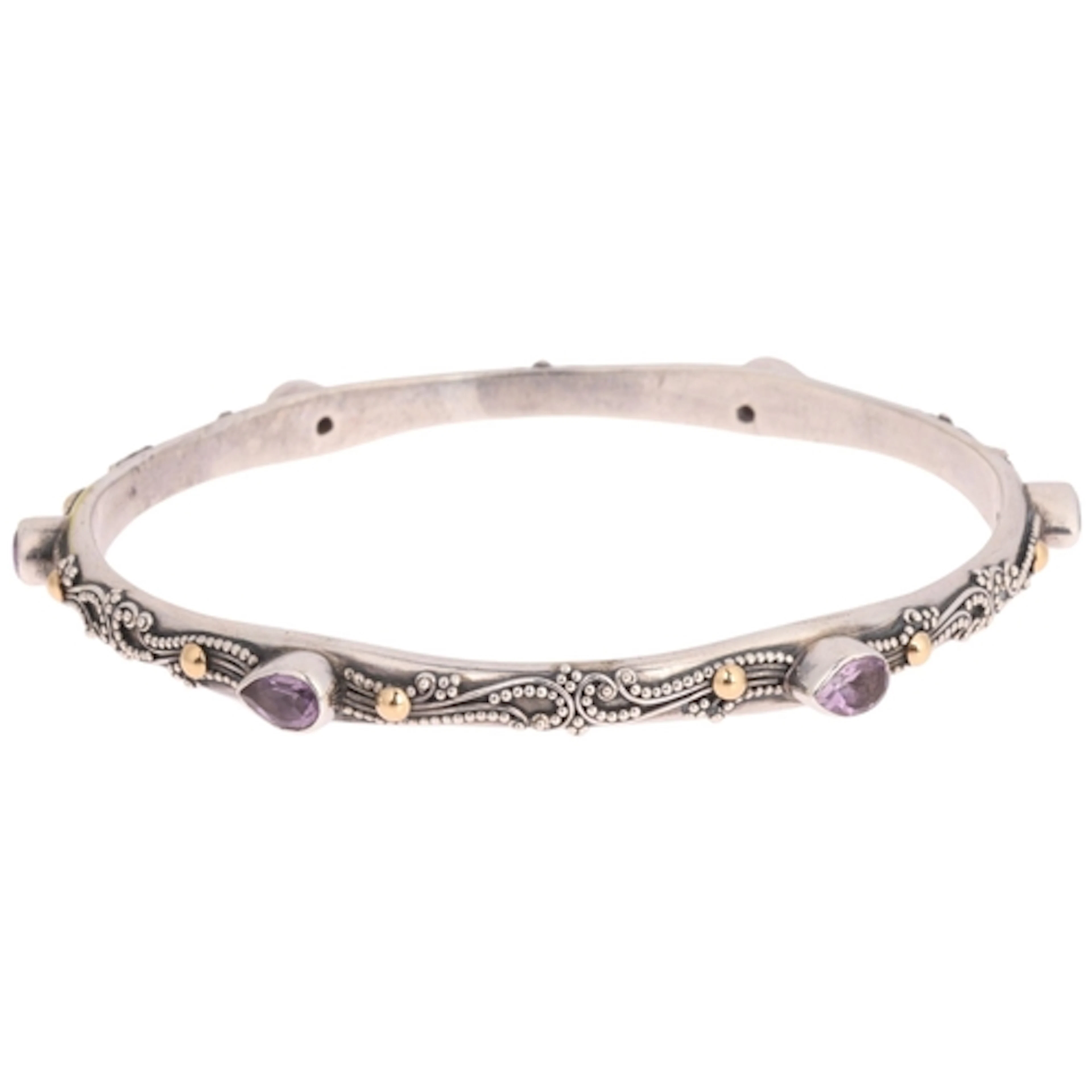 A Contemporary sterling silver amethyst bangle, set with pea...
