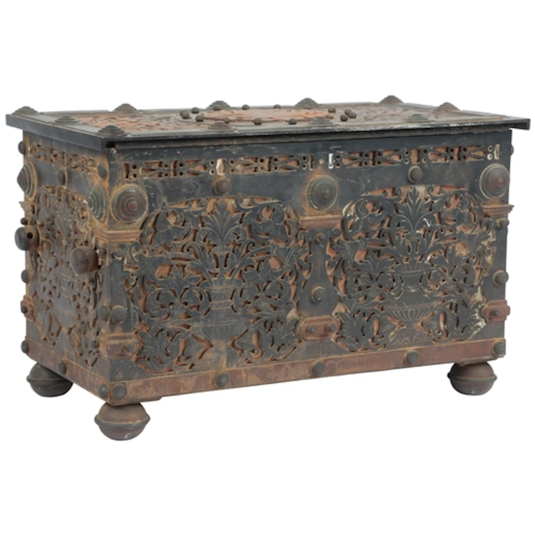 A Spanish steel table casket, 19th century, the hinged cover...