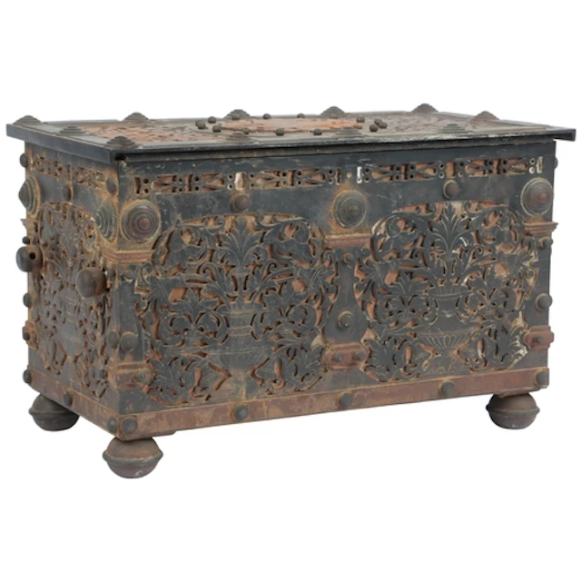 A Spanish steel table casket, 19th century, the hinged cover...