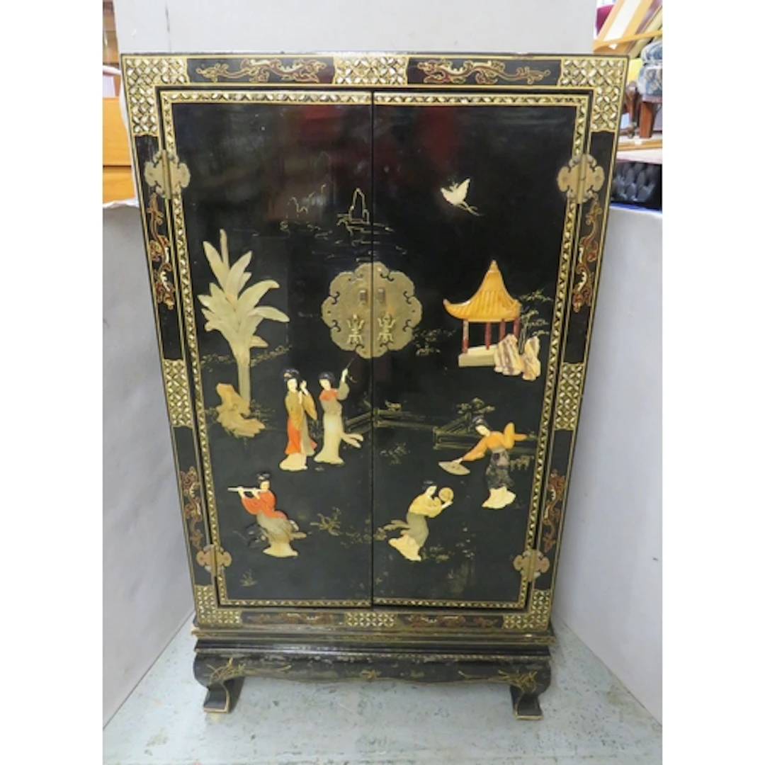 Chinese Black Lacquered 2 Door Cabinet, inlaid with mother o...