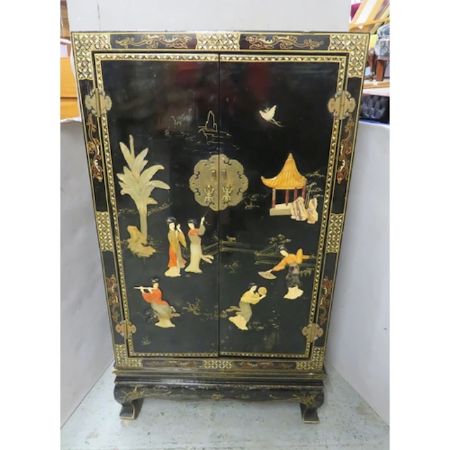 Chinese Black Lacquered 2 Door Cabinet, inlaid with mother o...