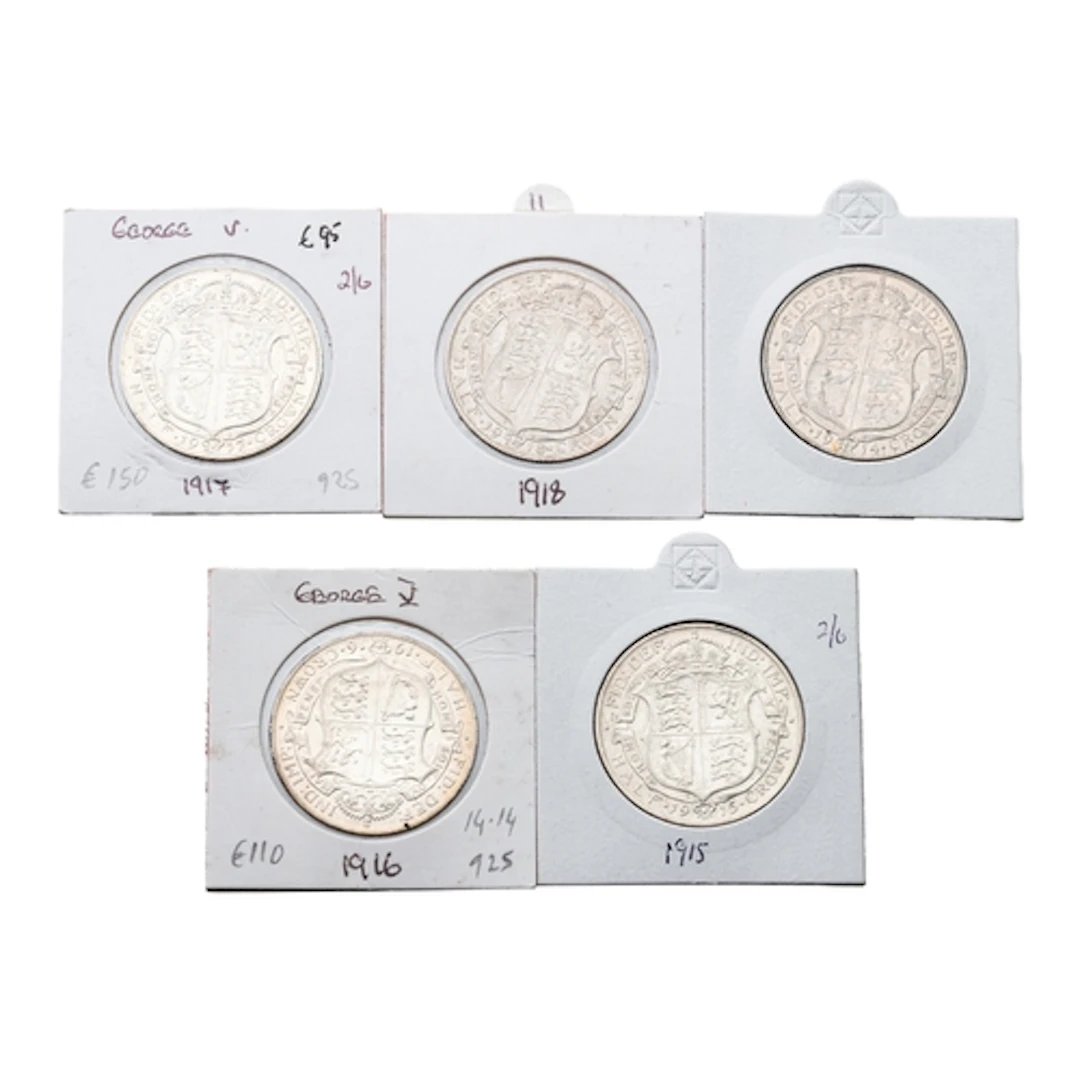 A RUN OF 5 X 1914-1918 ENGLISH SILVER HALF CROWM COINS, near...