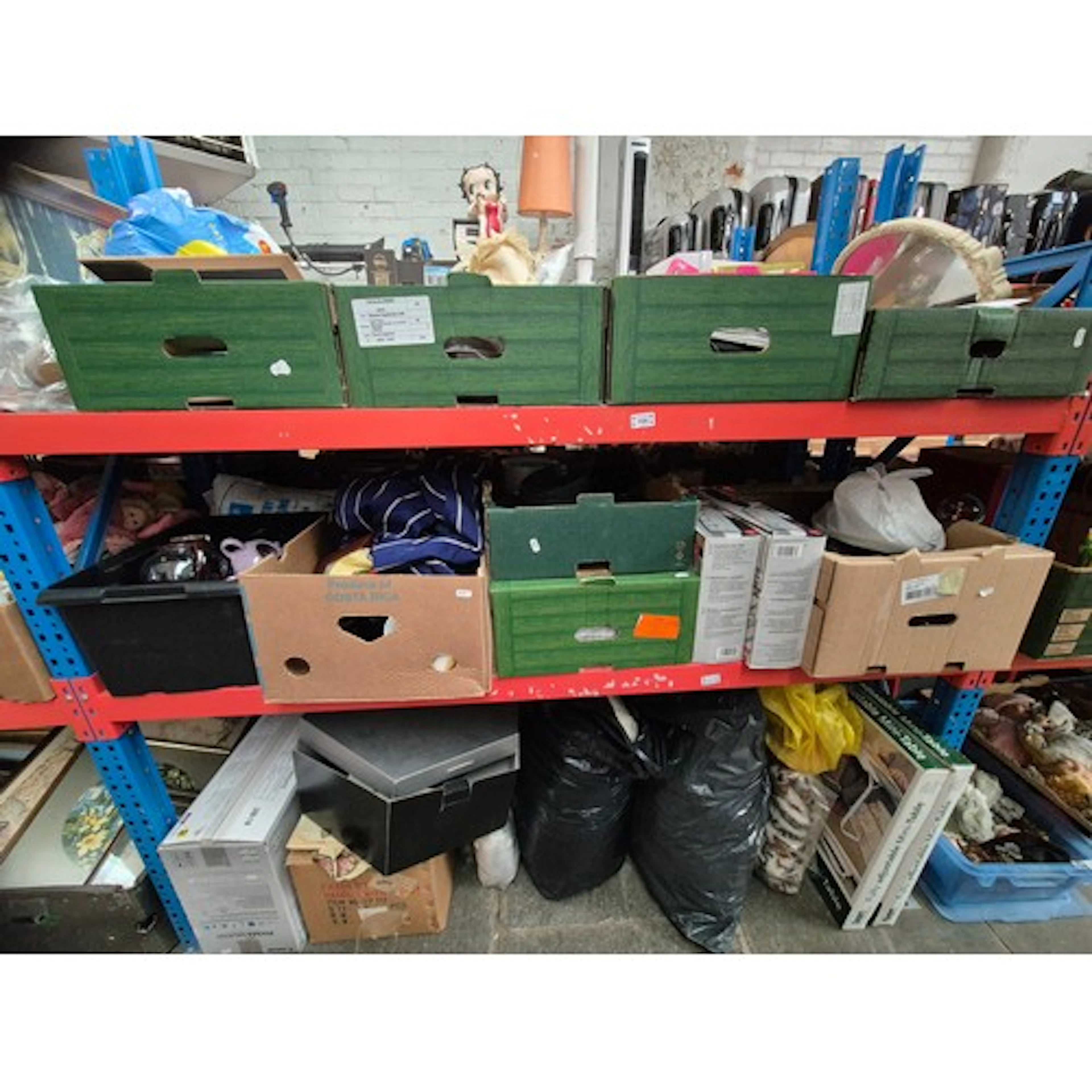 3 shelves of mixed items (14 boxes and 3 bags) including Can...