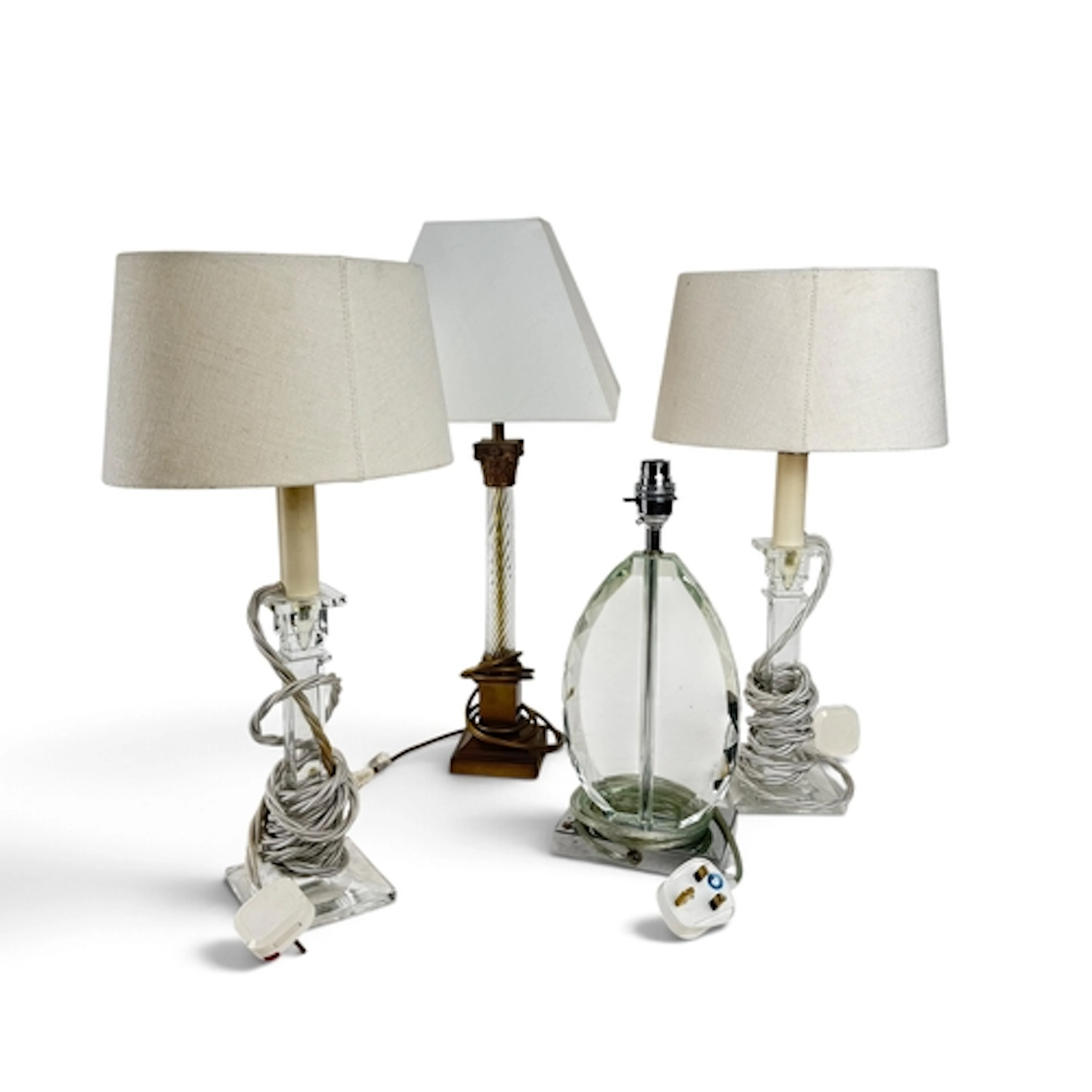 A VALSAN BRASS MOUNTED GLASS COLUMNAR TABLE LAMP, 41CM HIGH ...