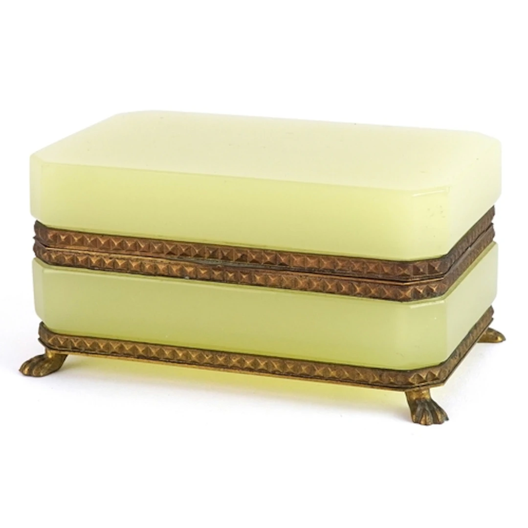 Vintage brass and green onyx style casket with hinged lid, 1...