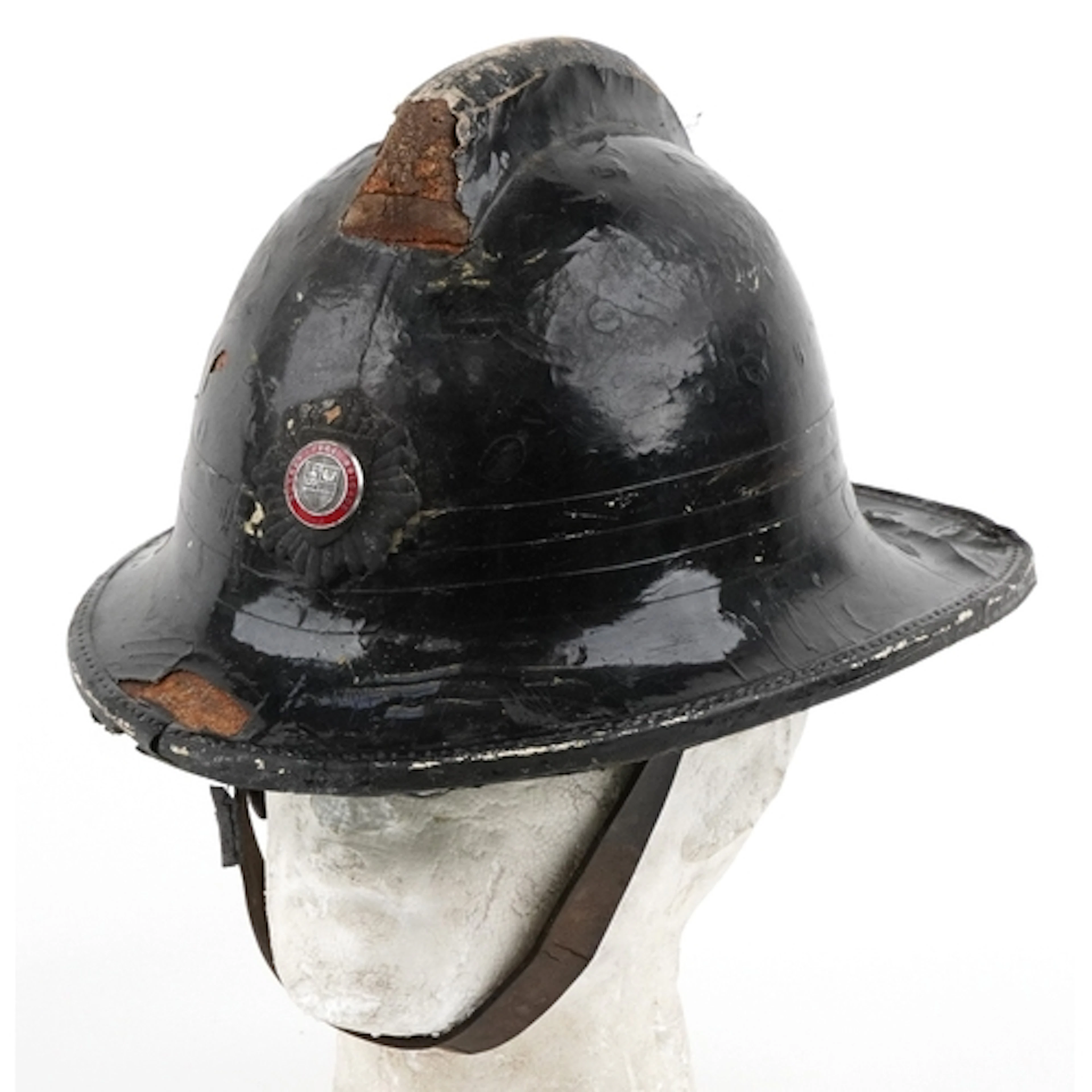 Vintage Cork firemen's helmet with enamelled Surrey Fire Bri...