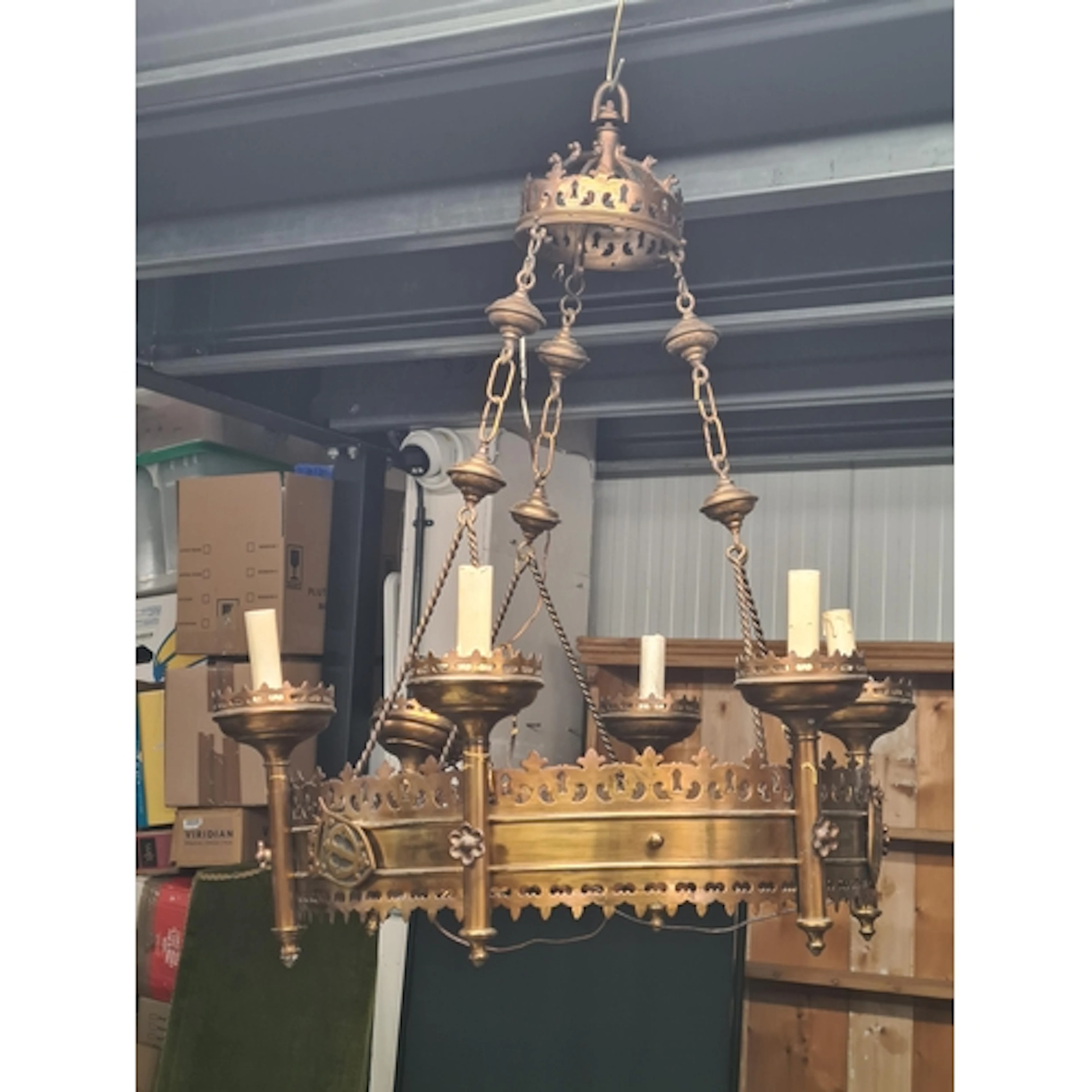 A Gothic style pierced brass Chandelier with six sconces, 22...