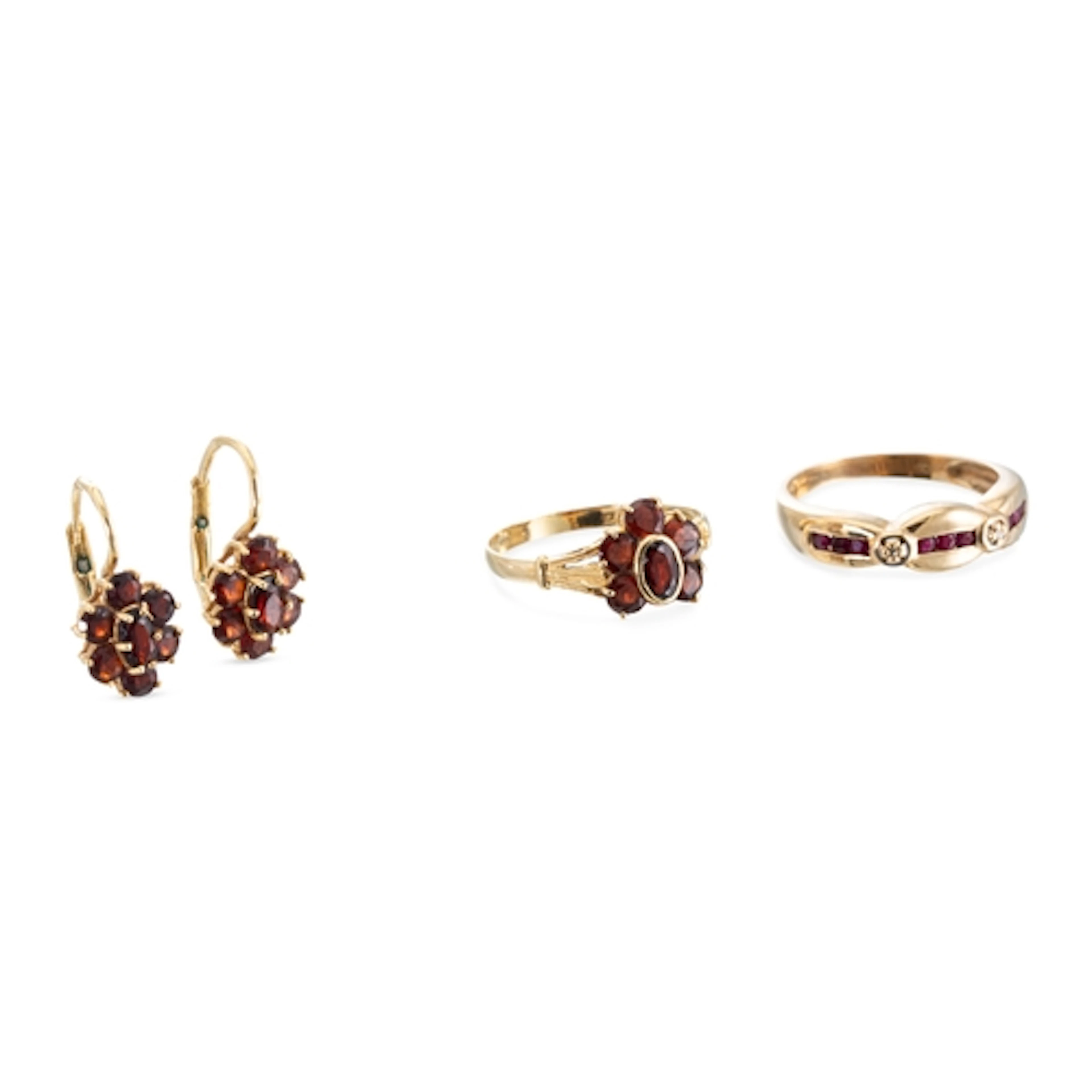TWO GARNET SET RINGS, sizes O & K, together with a pair of e...