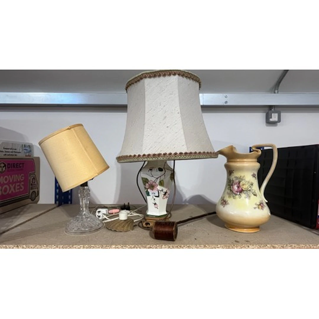 Two table lamps, water jug, vintage opium pipe.