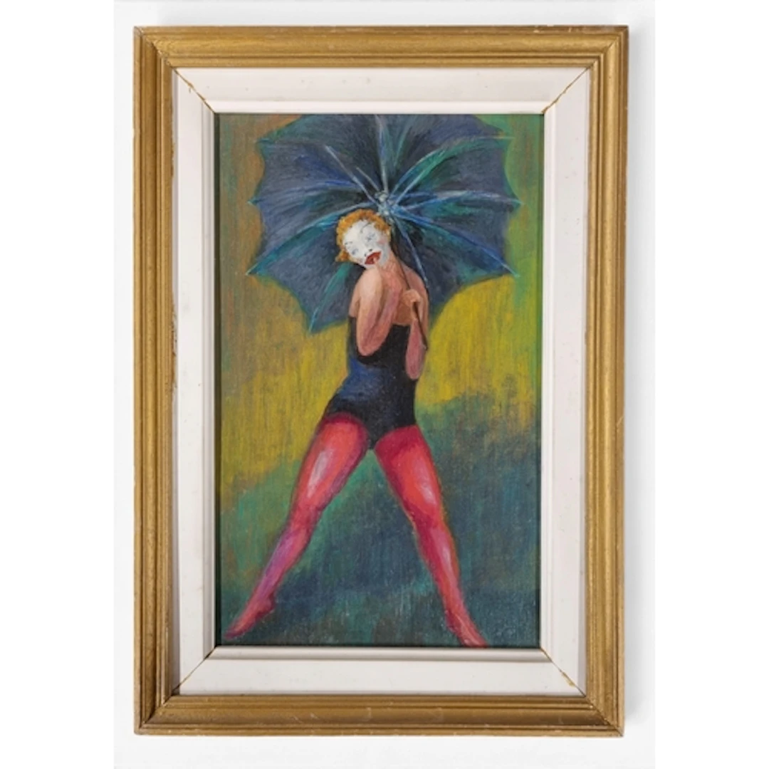 A 20th Century Oil on Board of a Woman dressed as a Clown wi...