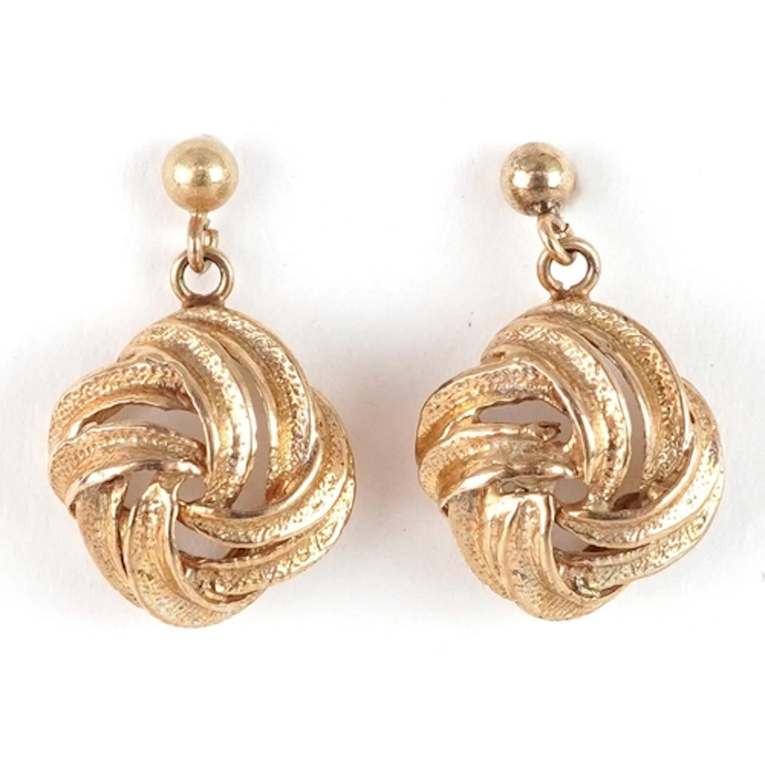 Pair of 9ct gold knot design drop earrings, 10.0mm high, tot...