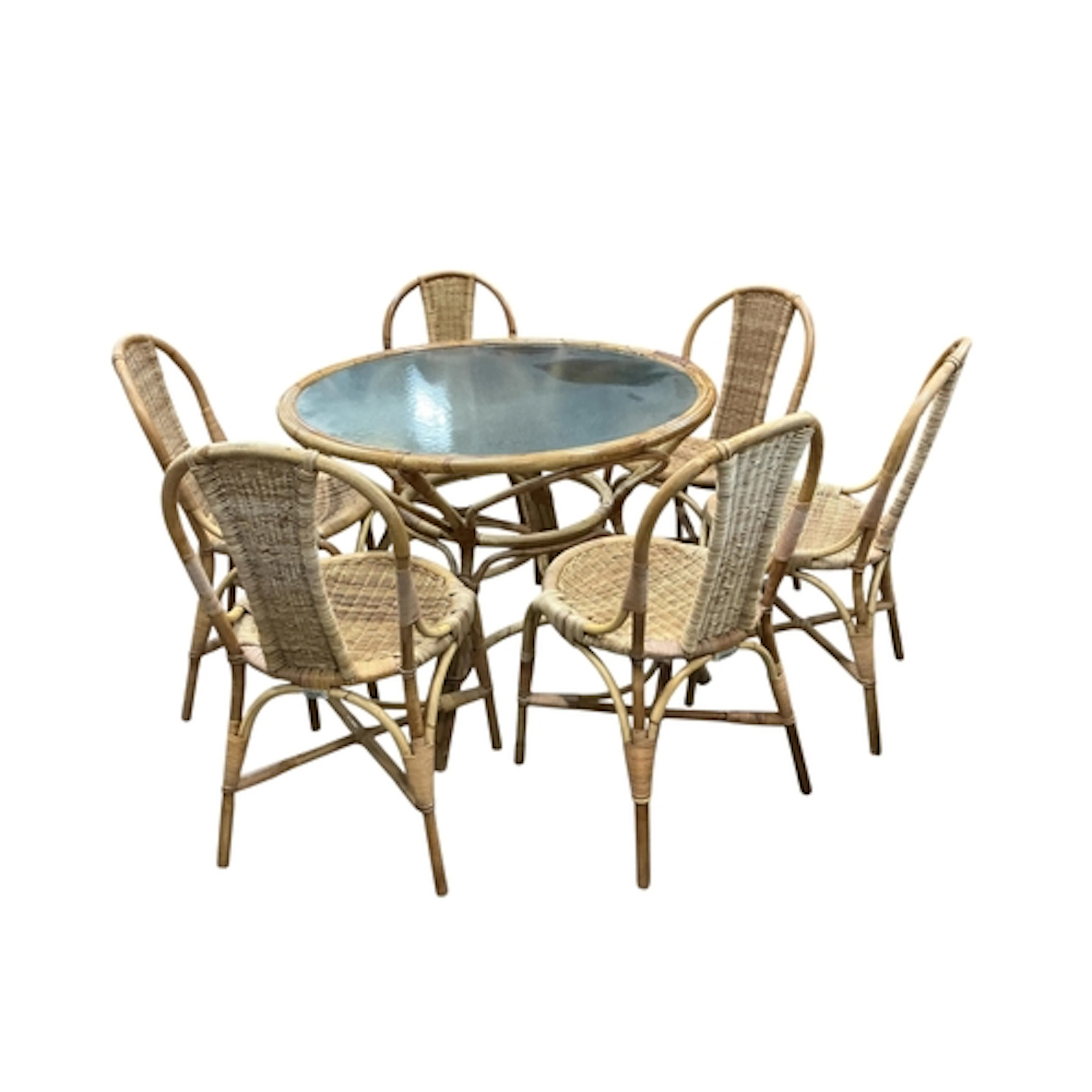 An Angraves bamboo table, six chairs and a trolley, table di...