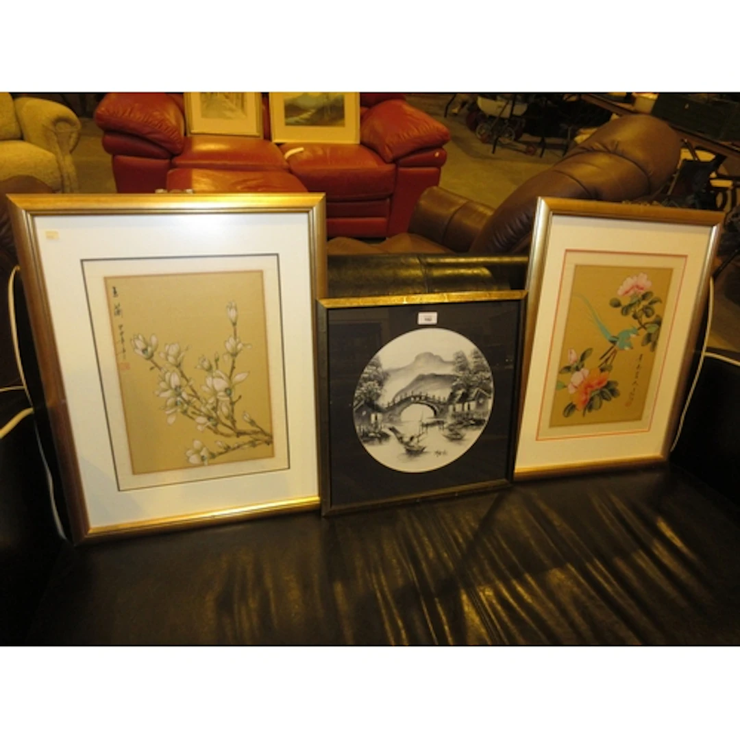 Pair of Chinese Flower Paintings on Silk and a Painting of a...