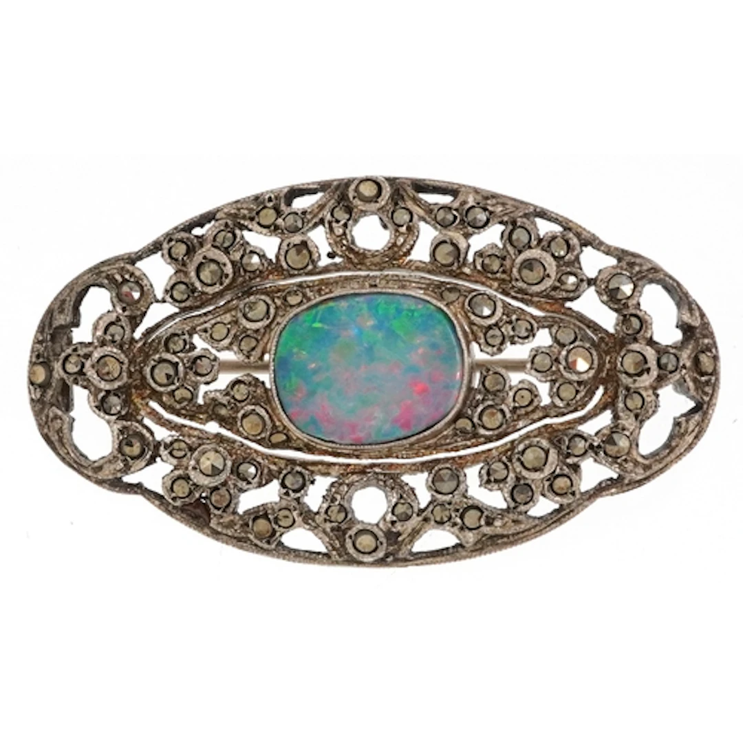 Antique unmarked silver opal and marcasite brooch, 4.5cm wid...