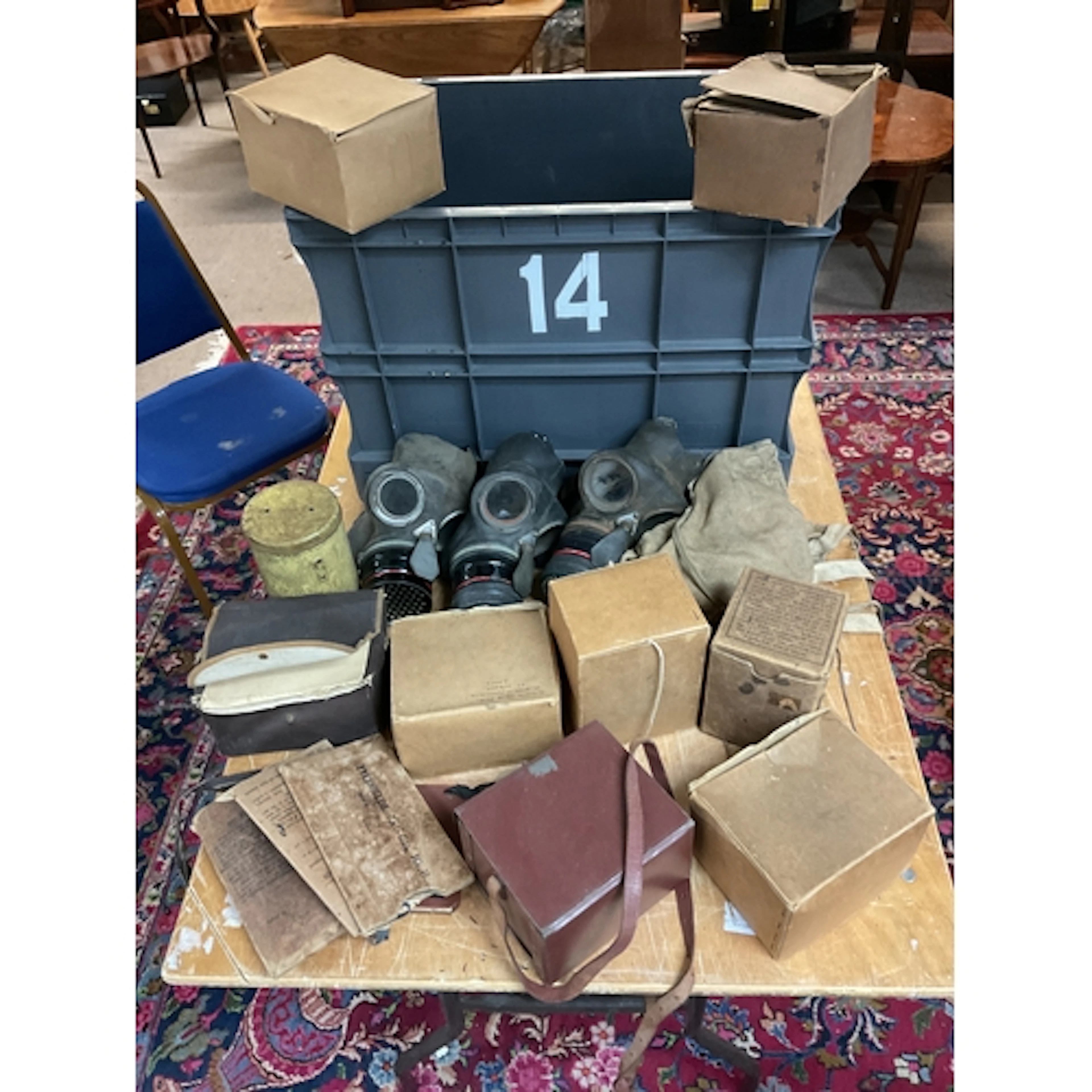 Qty WWII Gas masks to inc boxed civilian examples.
