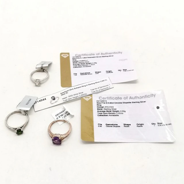3 x silver gemstone set rings - Chrome diopside, amethyst (2...