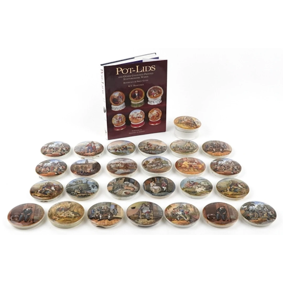 Twenty six Victorian Pratt Ware coloured pot lids including ...