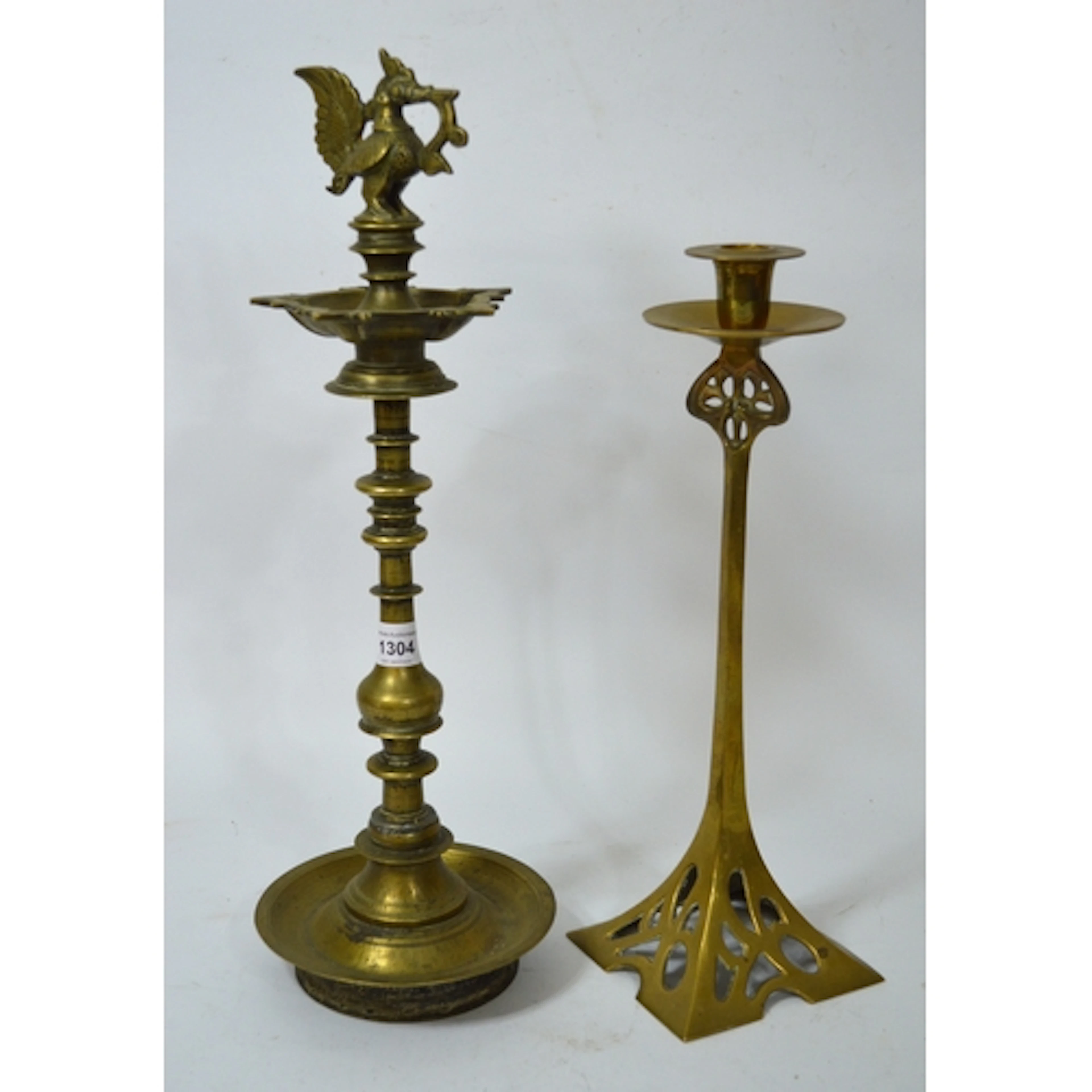 Oriental brass oil lamp with baluster column support, Arts a...