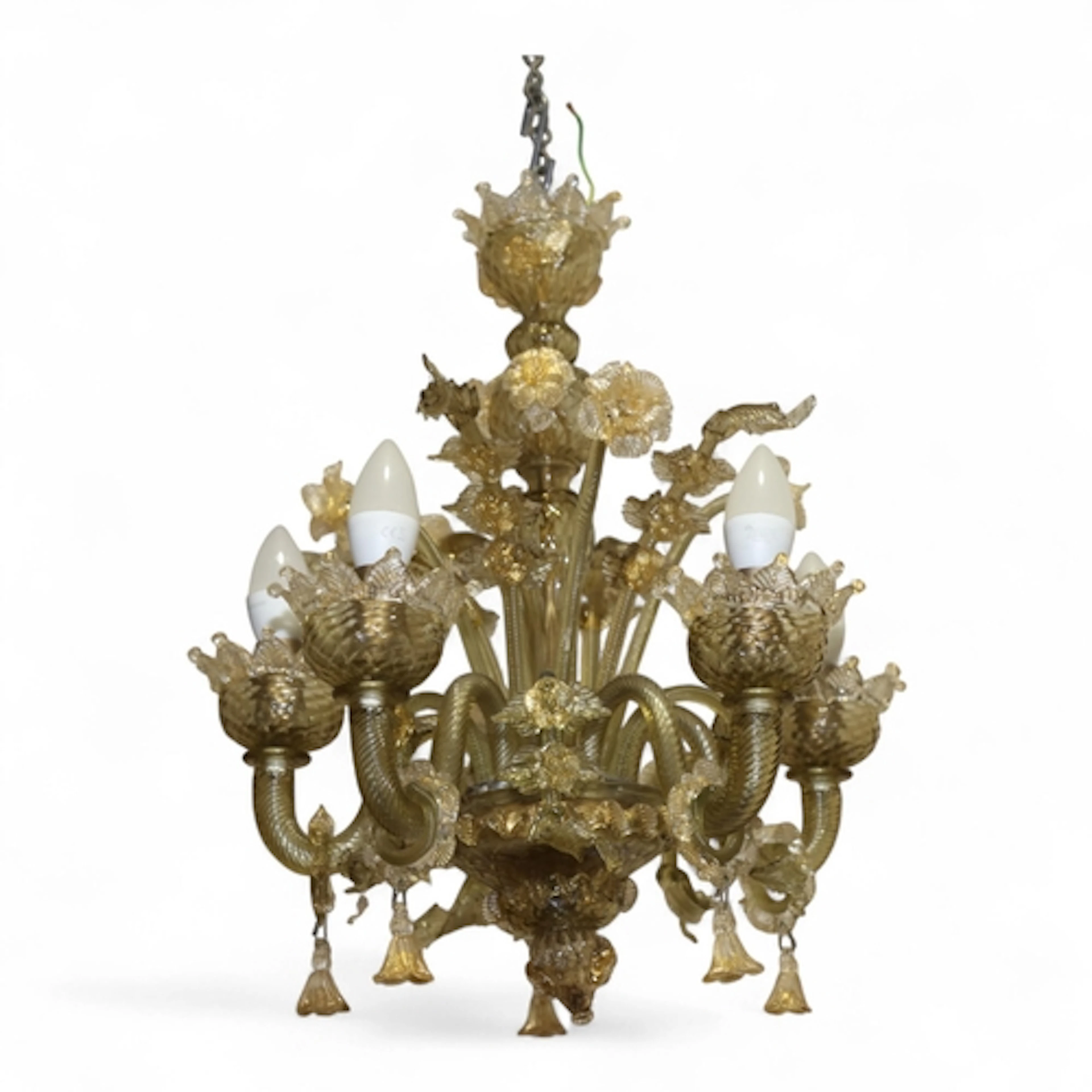 A mid-century Murano glass 5 branch chandelier, yellow glass...