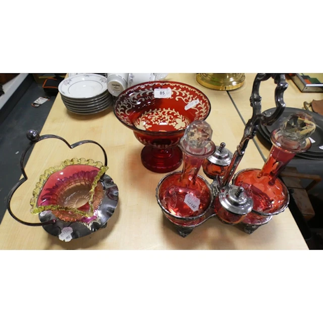 Group of Bohemian style flash cut glass to include cranberry...