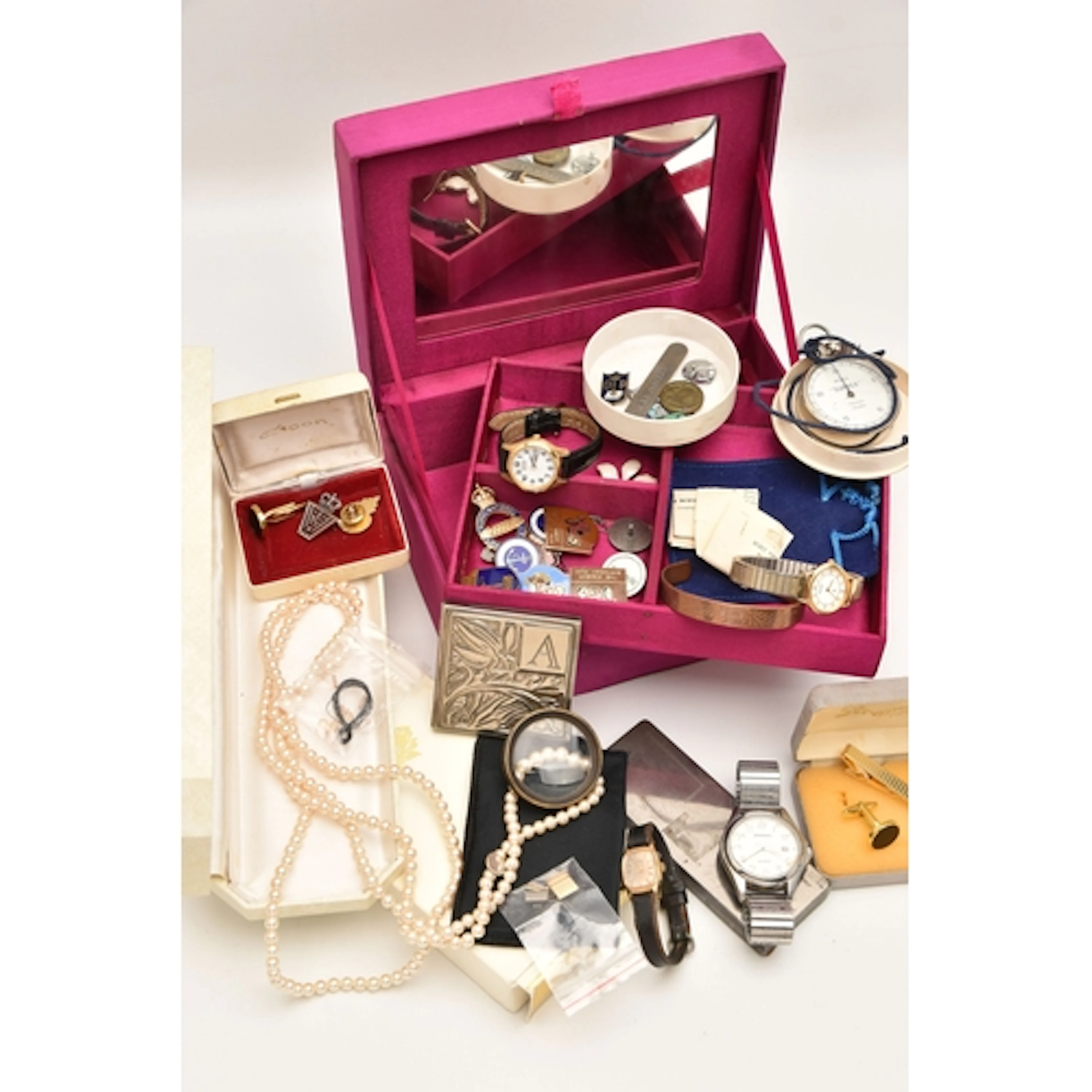 A BOX OF ASSORTED ITEMS, to include three ladies and one gen...