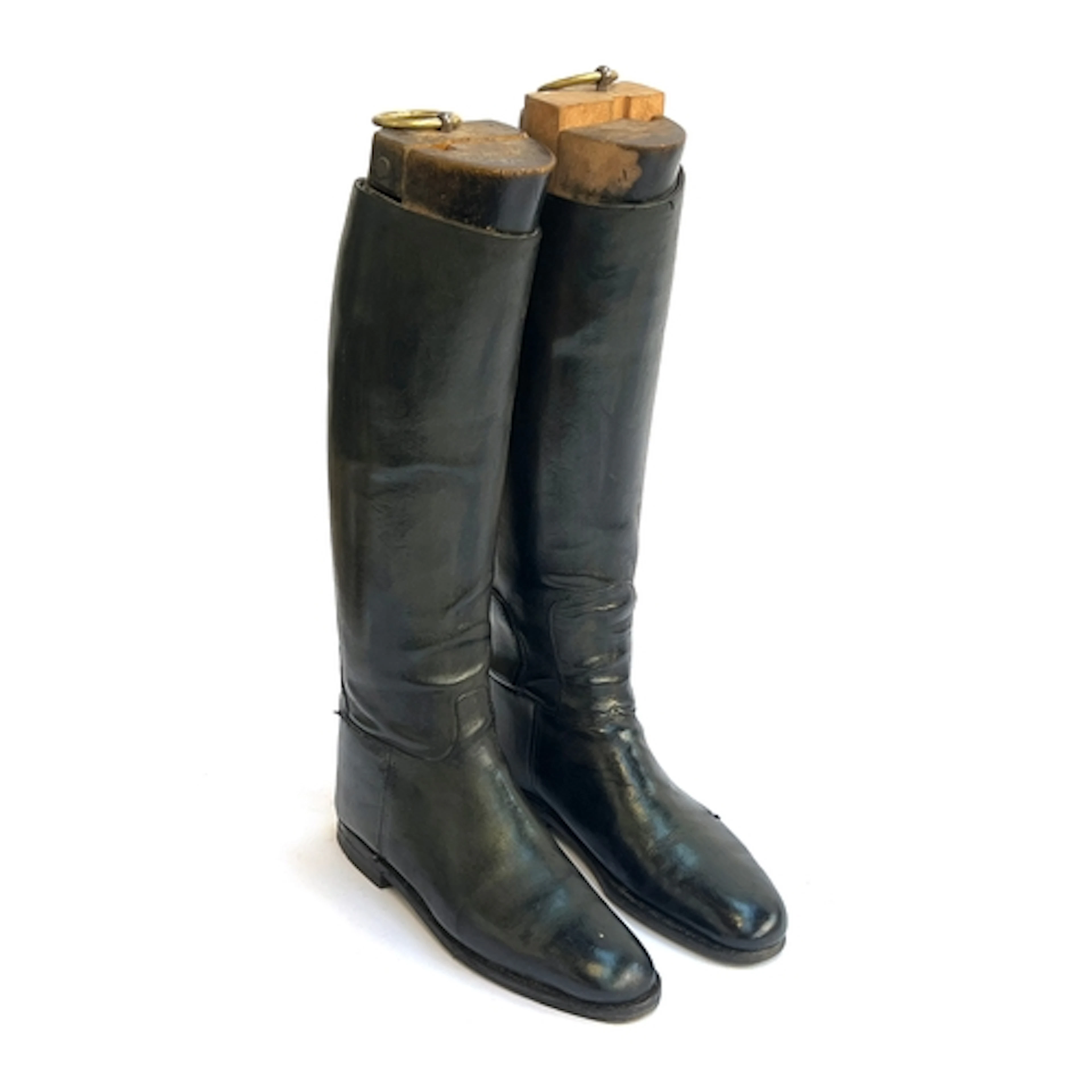 A pair of ladies' black leather hunting boots with wooden tr...