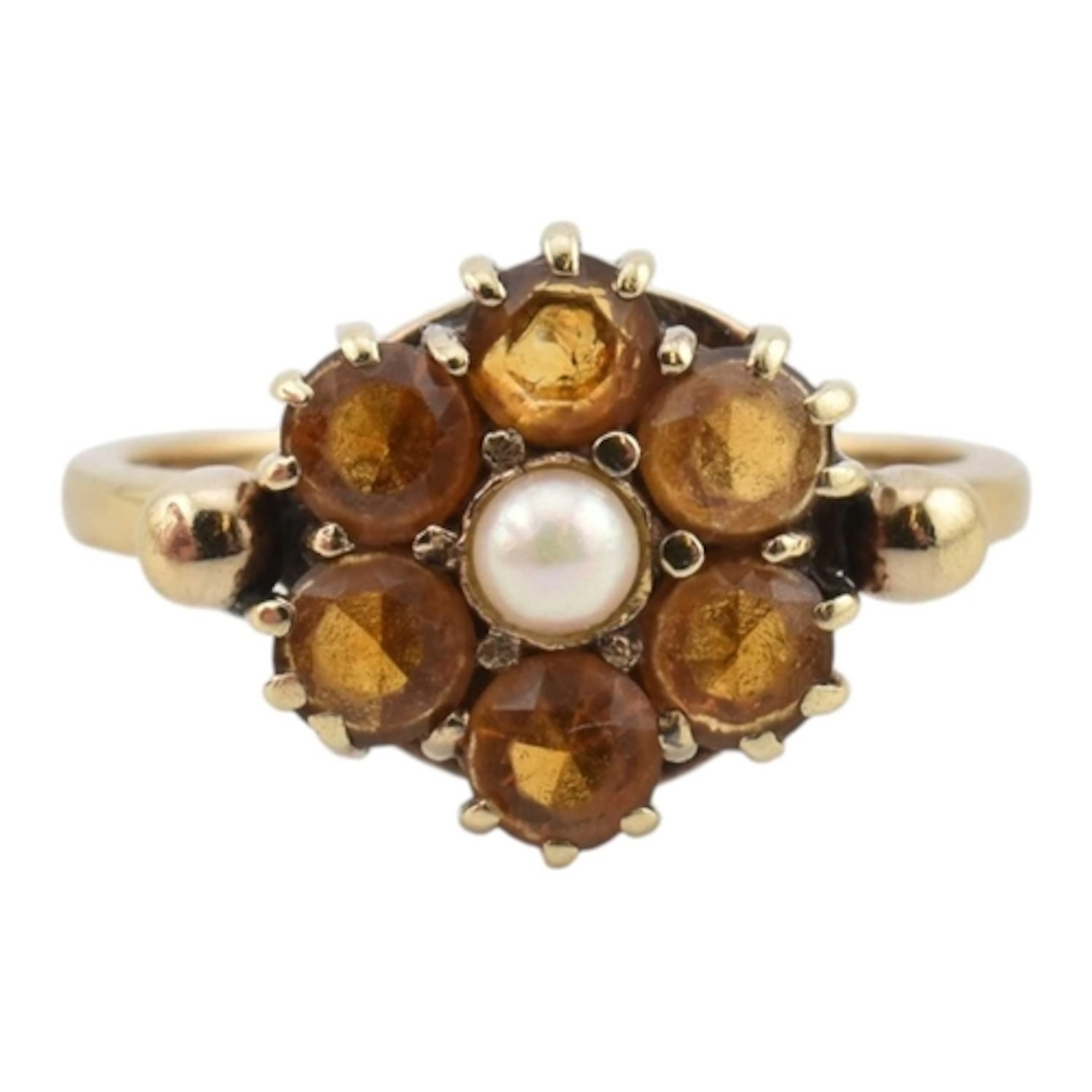 A 1950s hallmarked 9ct gold citrine and pearl flower cluster...