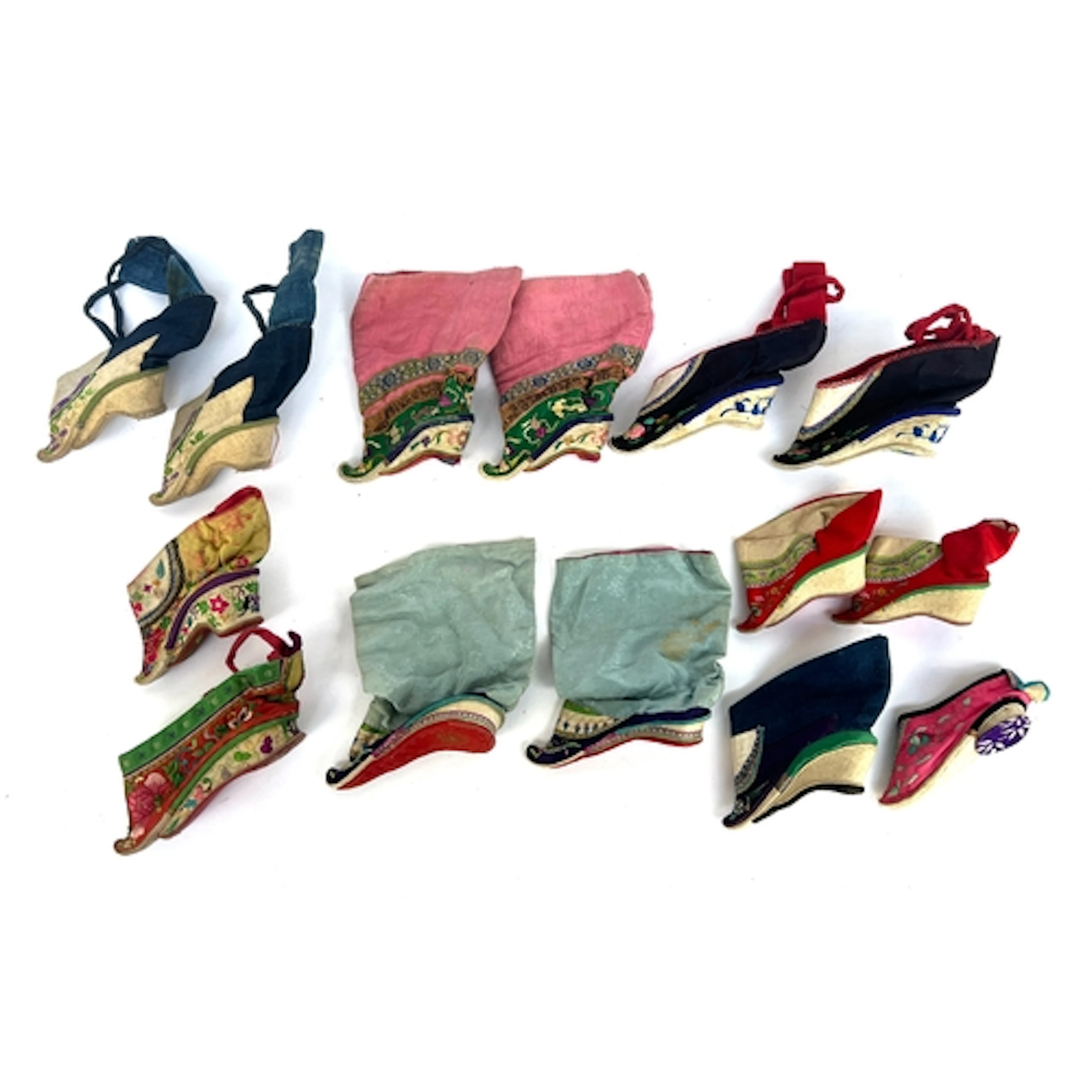 Five pairs of early 20th century Chinese silk and cotton lot...