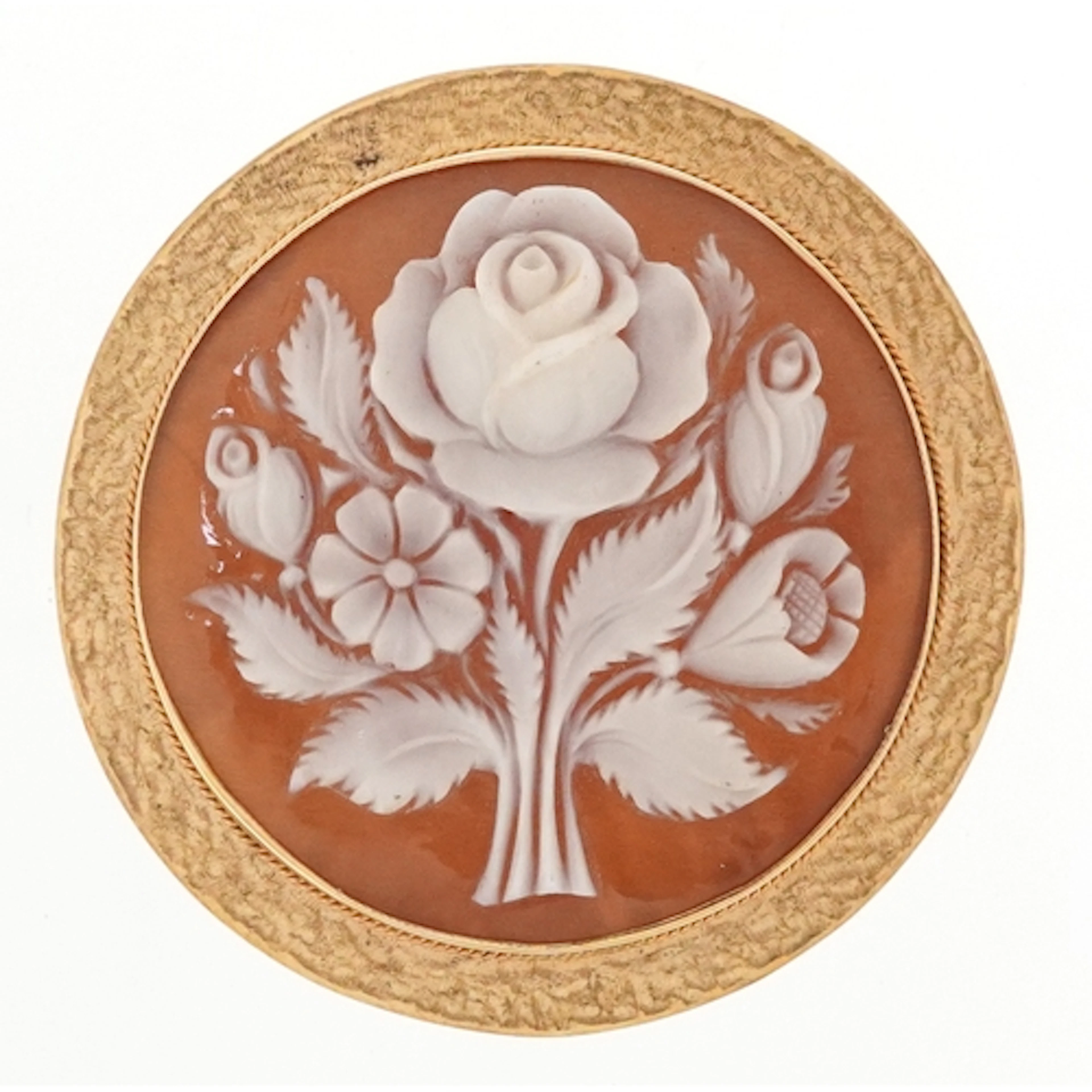 9ct gold mounted cameo shell brooch carved with flowers, 4.5...