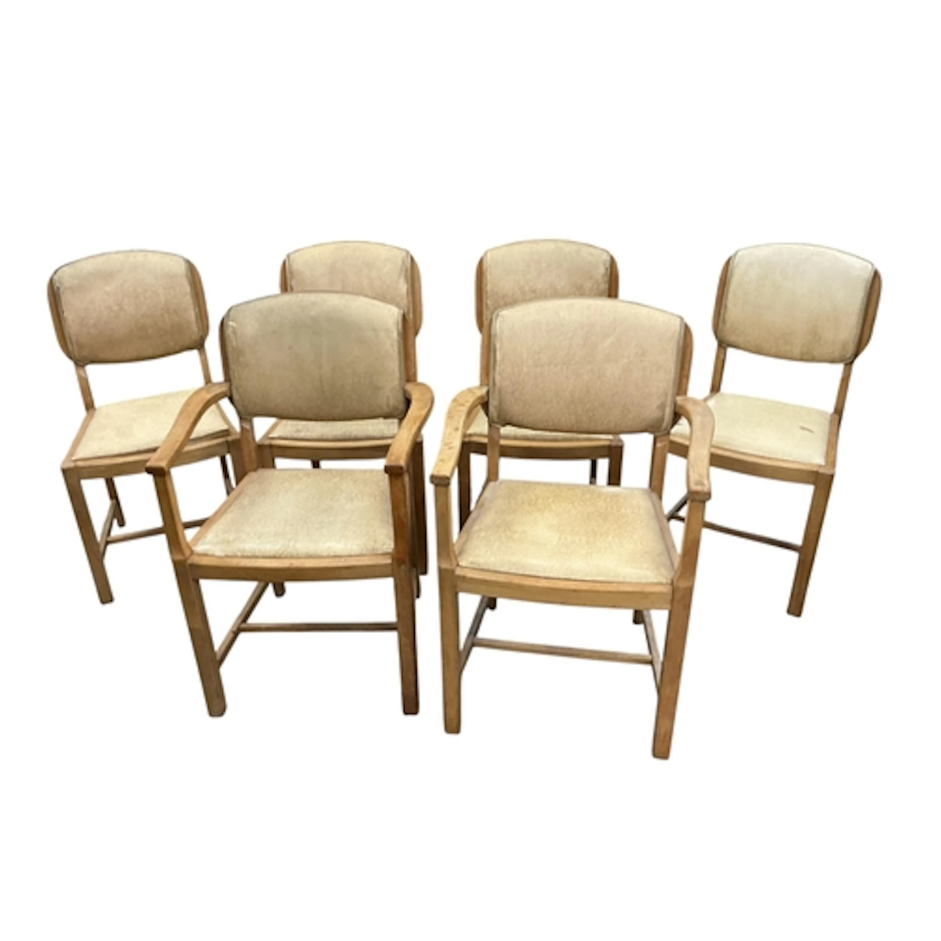 Six Art Deco chairs, elbow chair width 58cm, depth 48cm, hei...