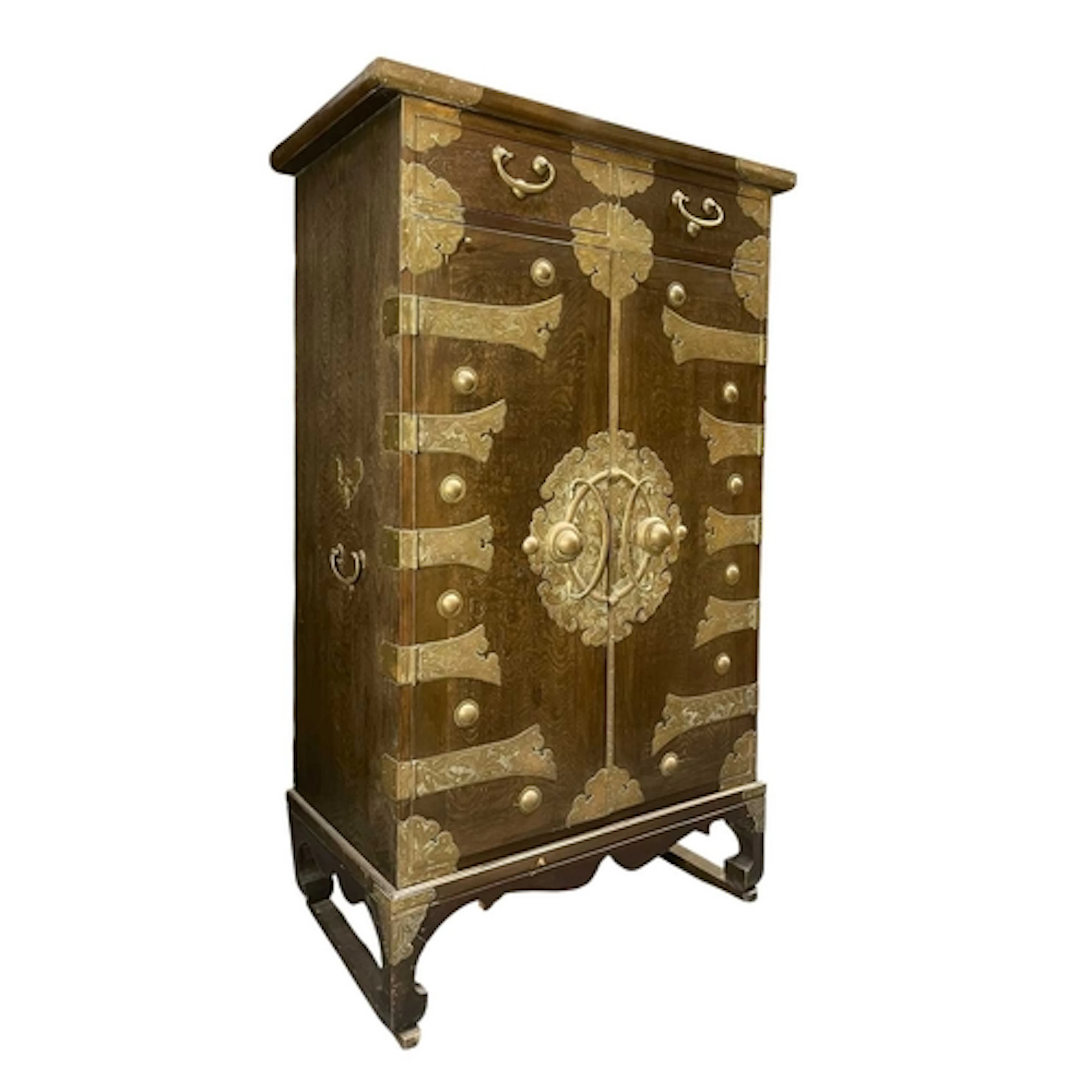 A Korean elm and brass bound pedestal specimen chest. The ca...