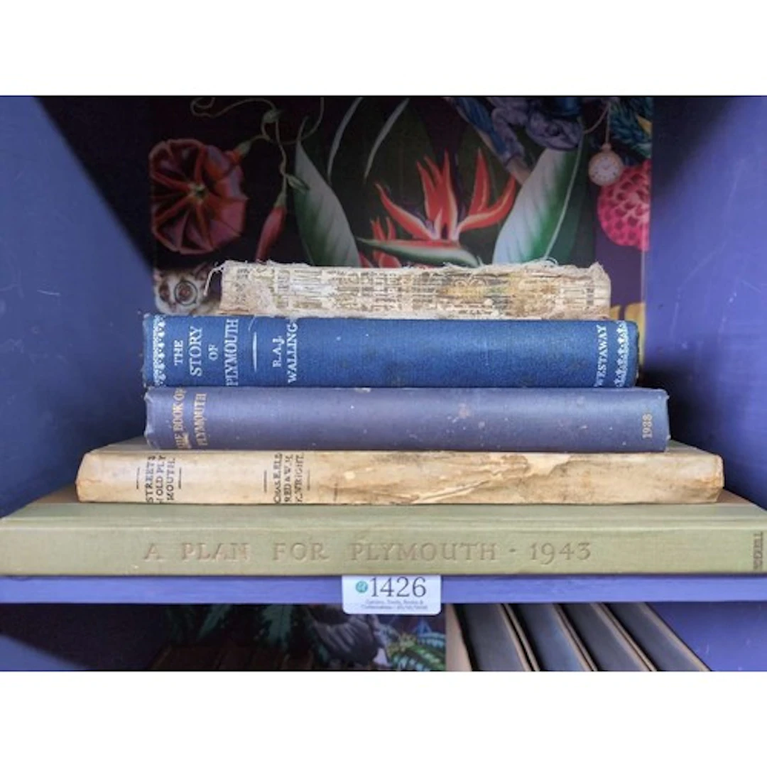 Five vintage books on the city of Plymouth, including street...