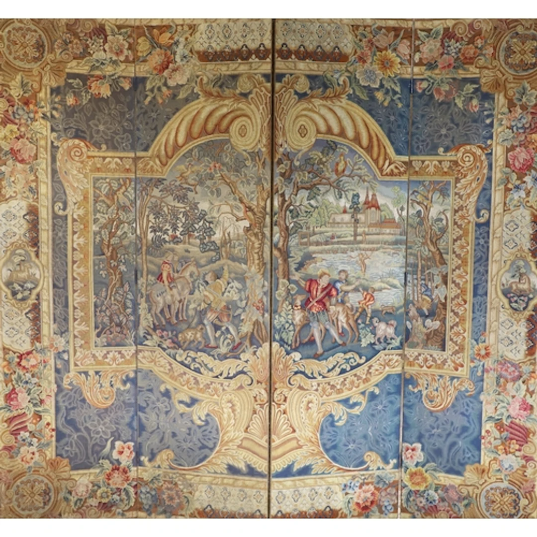 A EUROPEAN STYLE TAPESTRY FOUR FOLD ROOM SCREEN, CIRCA 1900....
