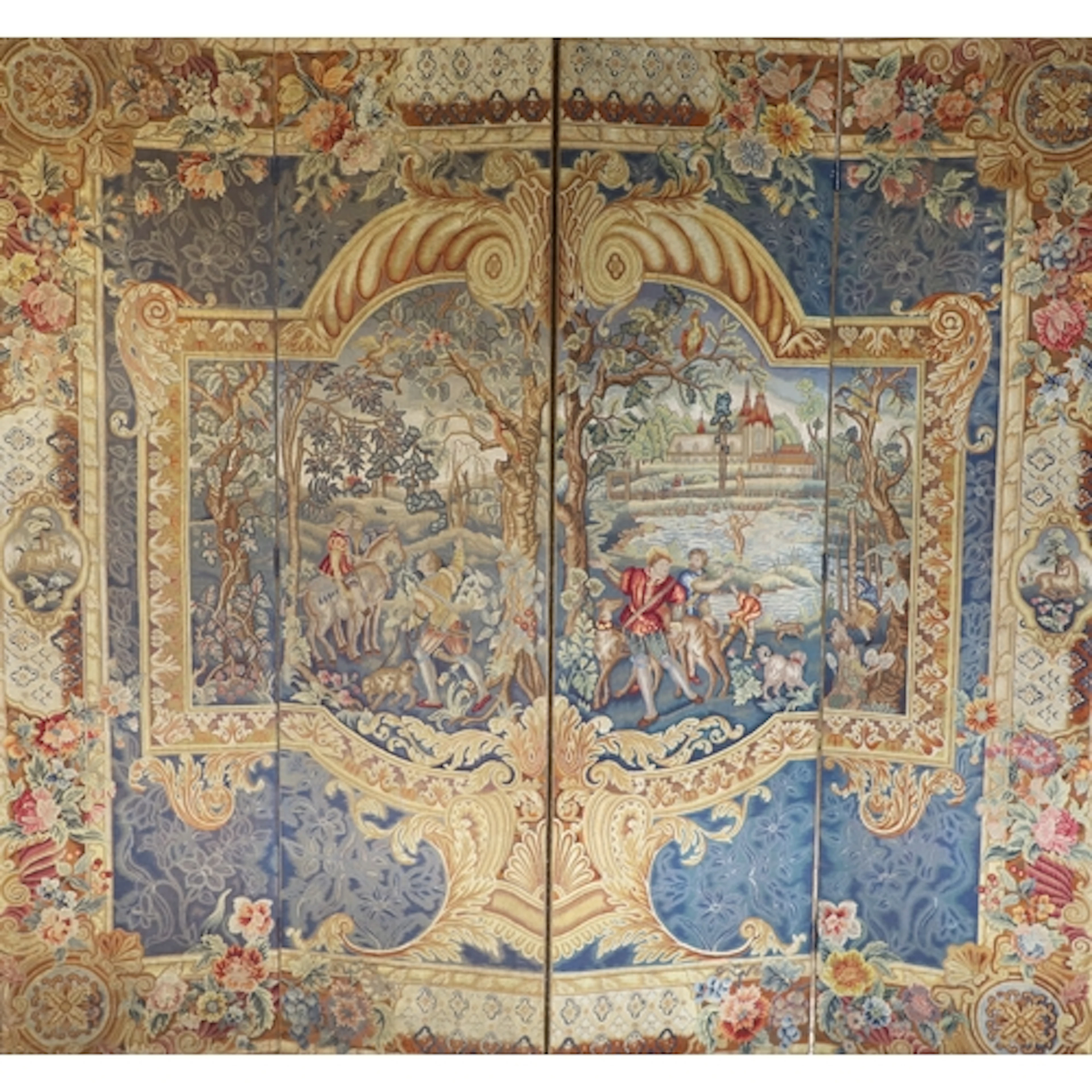 A EUROPEAN STYLE TAPESTRY FOUR FOLD ROOM SCREEN, CIRCA 1900....