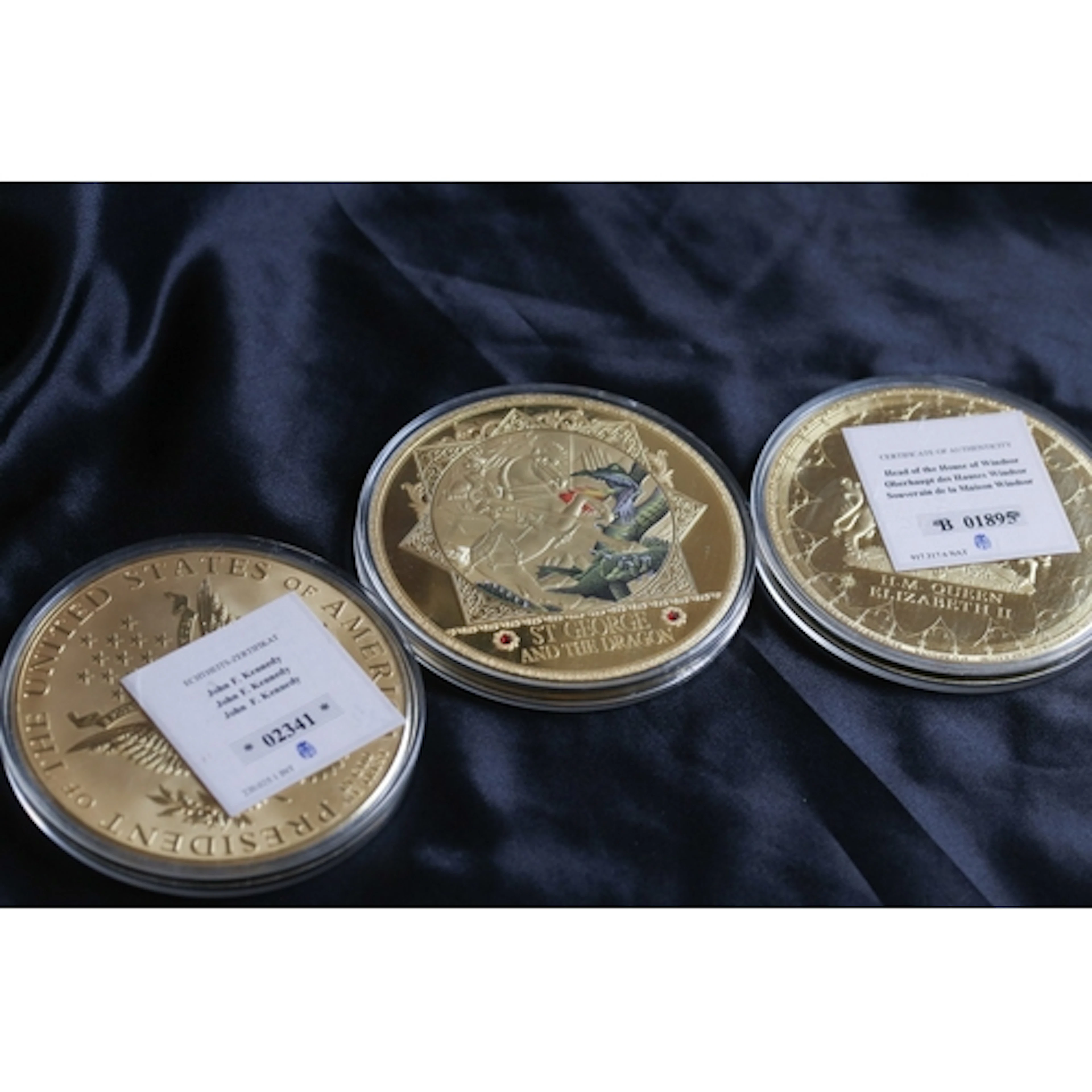 Three Large Gold Plated Commemorative Medal Coins, Saint Geo...