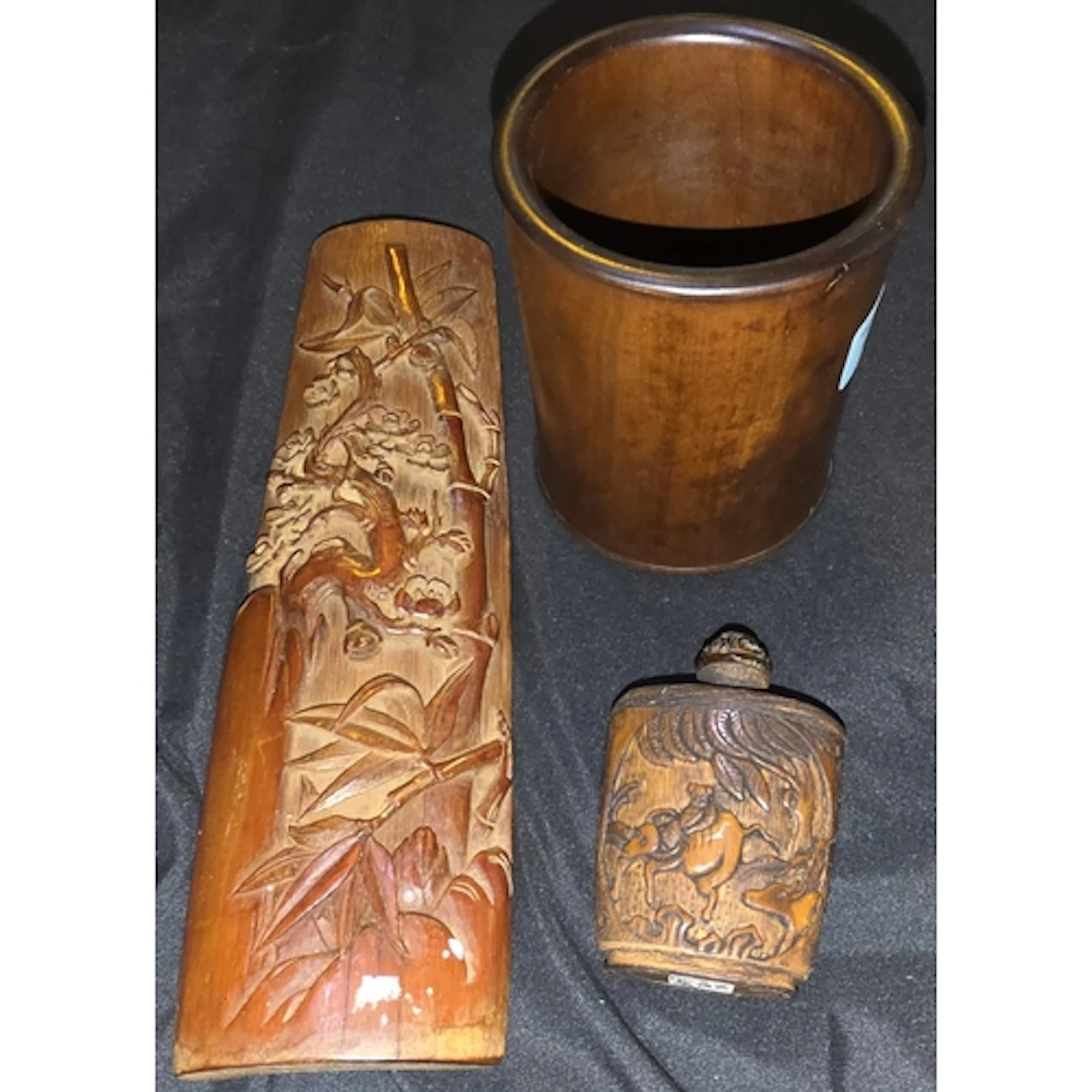 A Chinese carved bamboo snuff bottle, figures of animals to ...