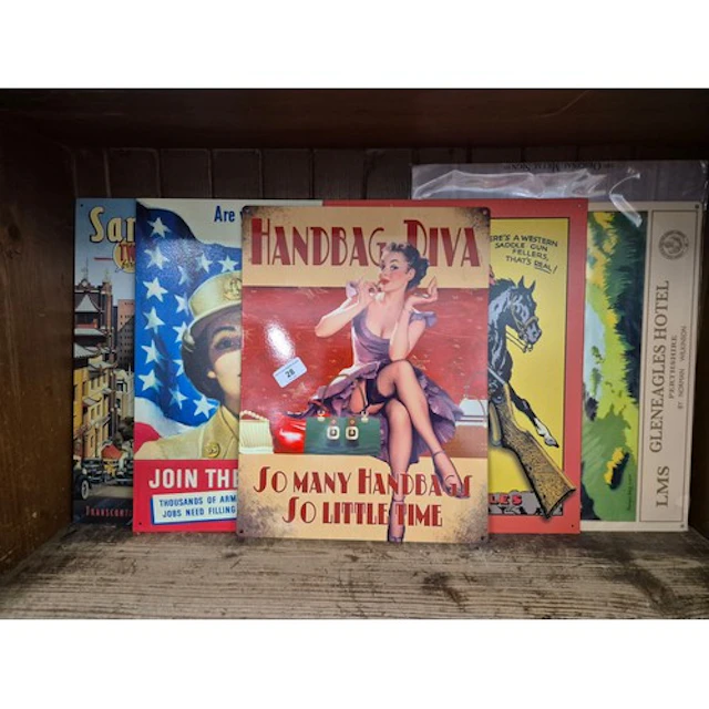 5 repro metal advertising signs including handbag Diva, Red ...