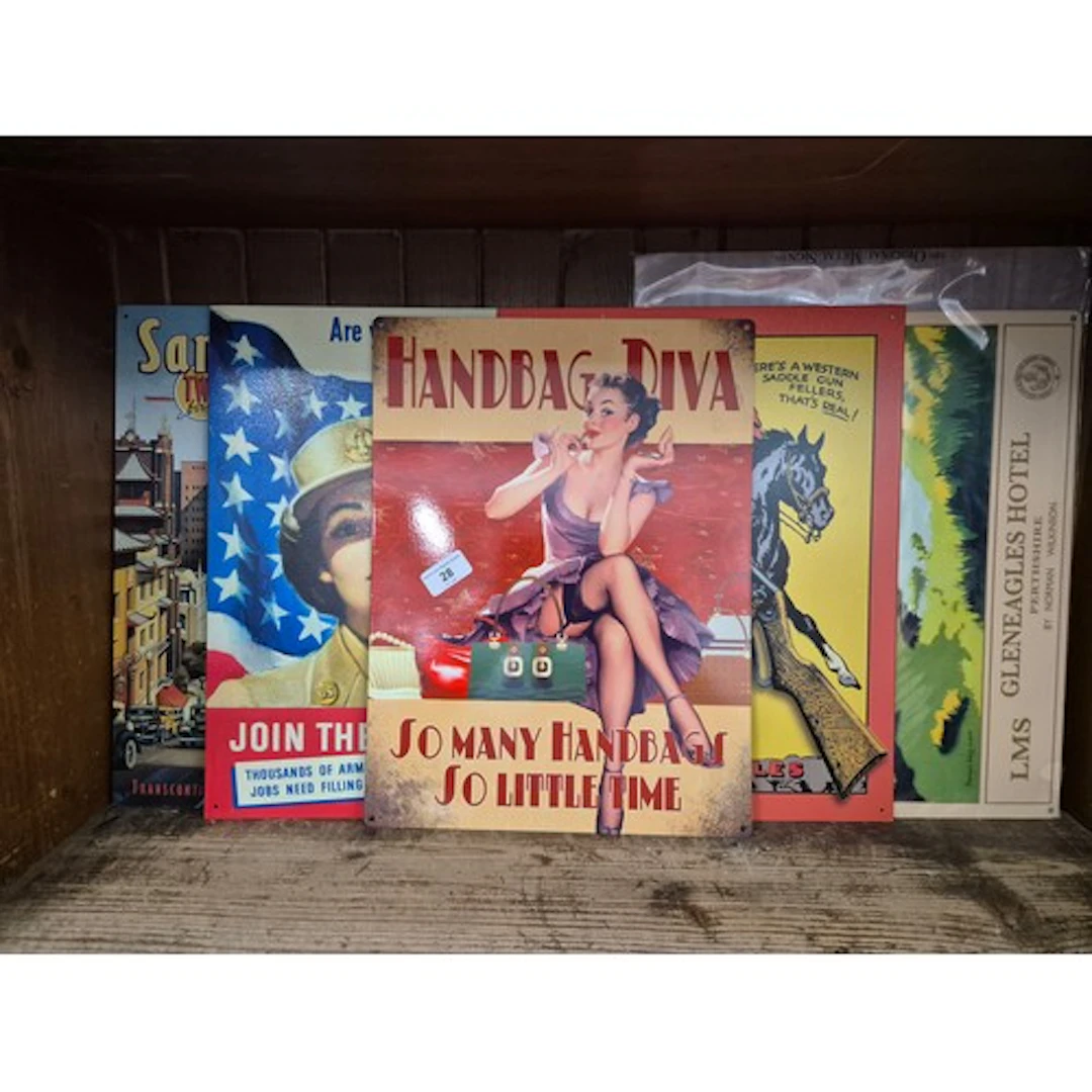 5 repro metal advertising signs including handbag Diva, Red ...