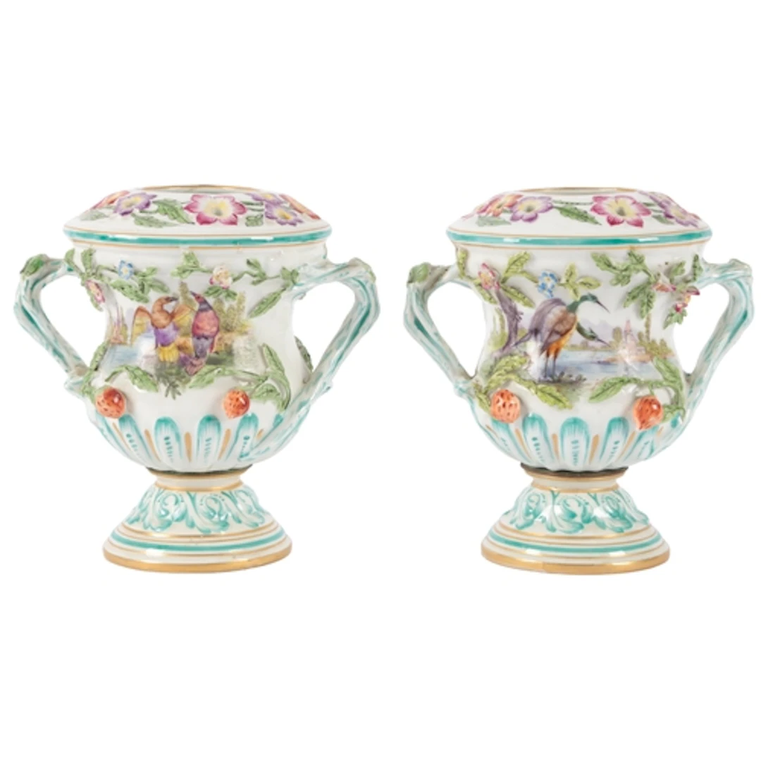 A pair of Continental porcelain campana urns, late 19th / ea...