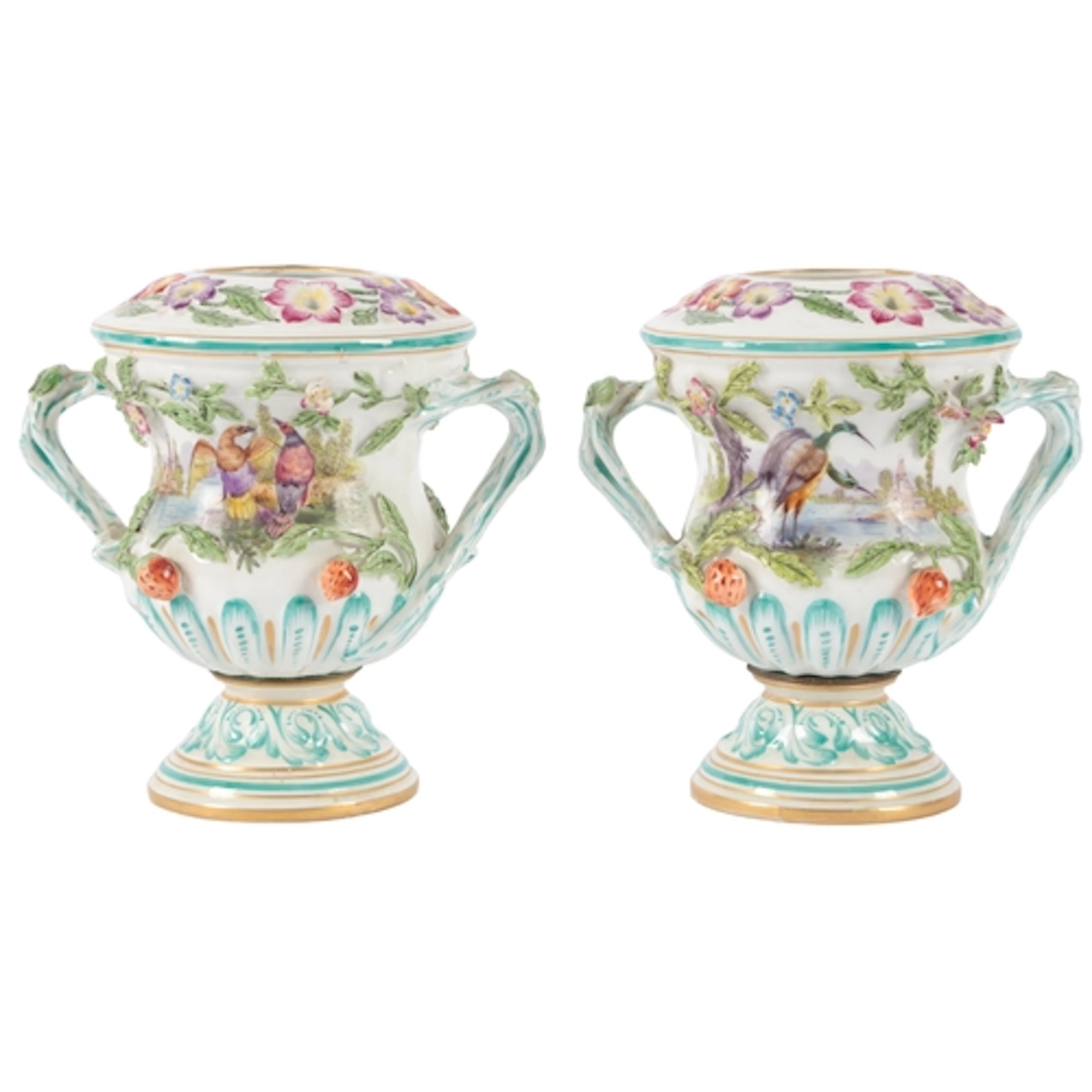 A pair of Continental porcelain campana urns, late 19th / ea...