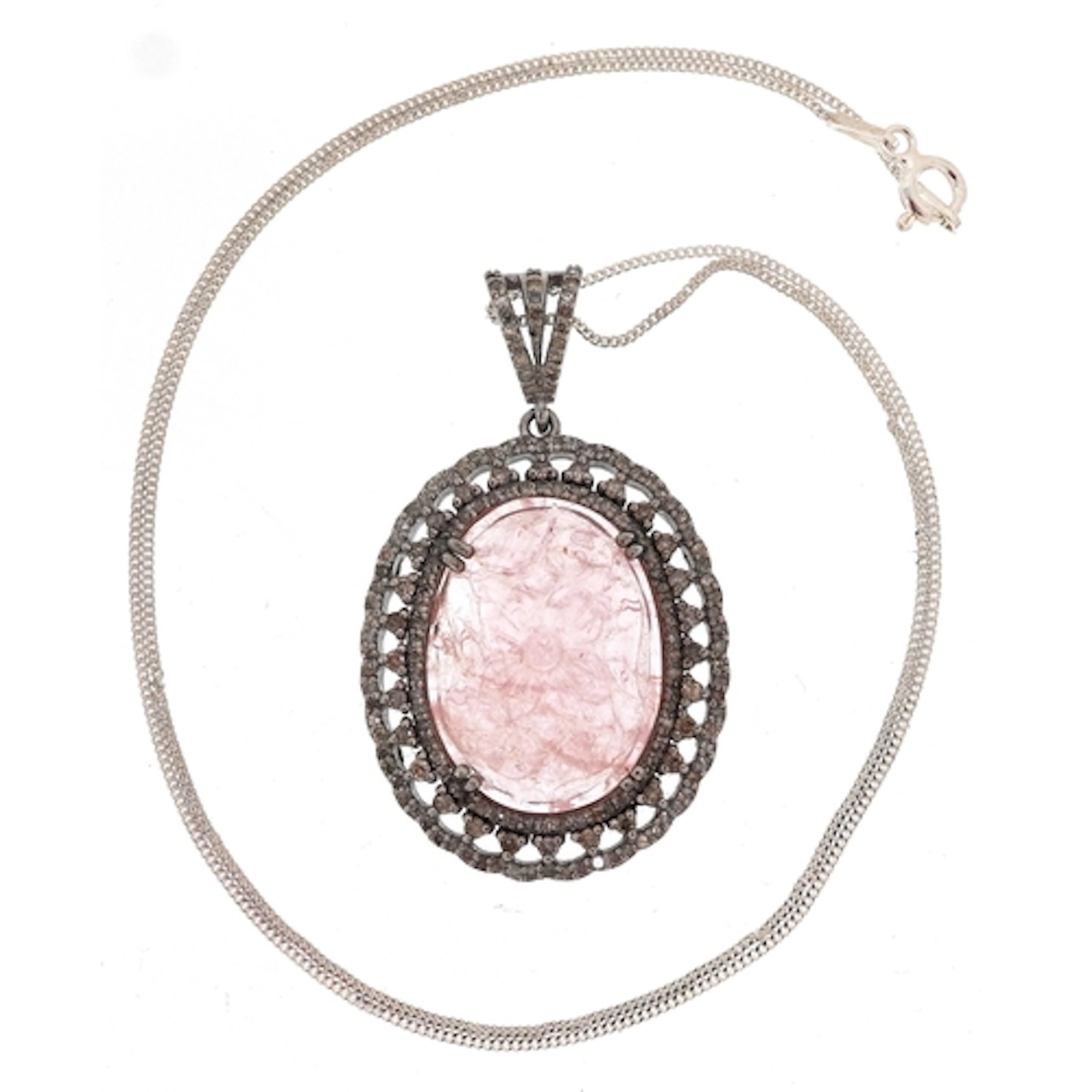 Silver diamond and cabochon pink morganite pendant with carv...