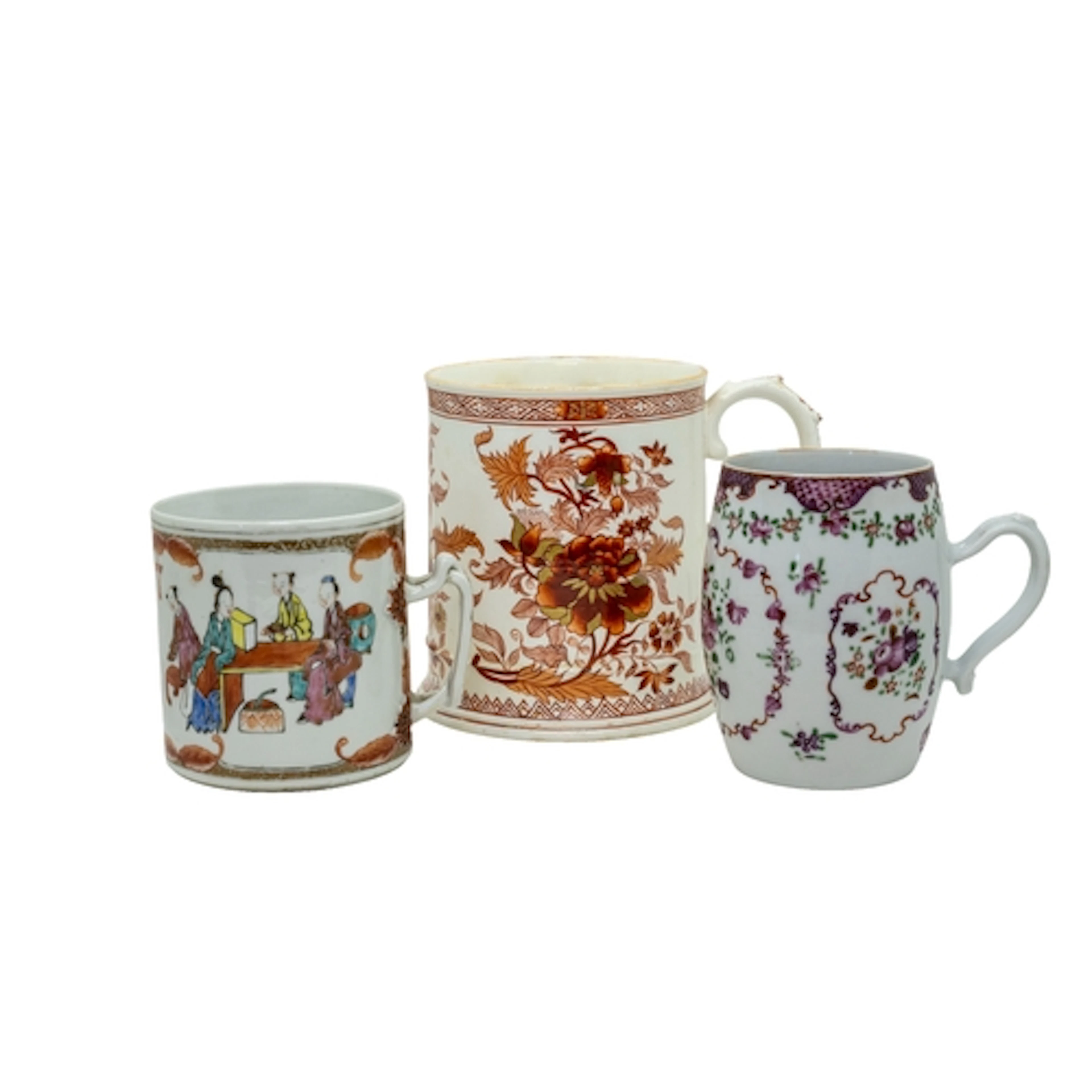 TWO FAMILLE ROSE AND ONE IRON RED PORCELAIN TANKARDS 18TH CE...