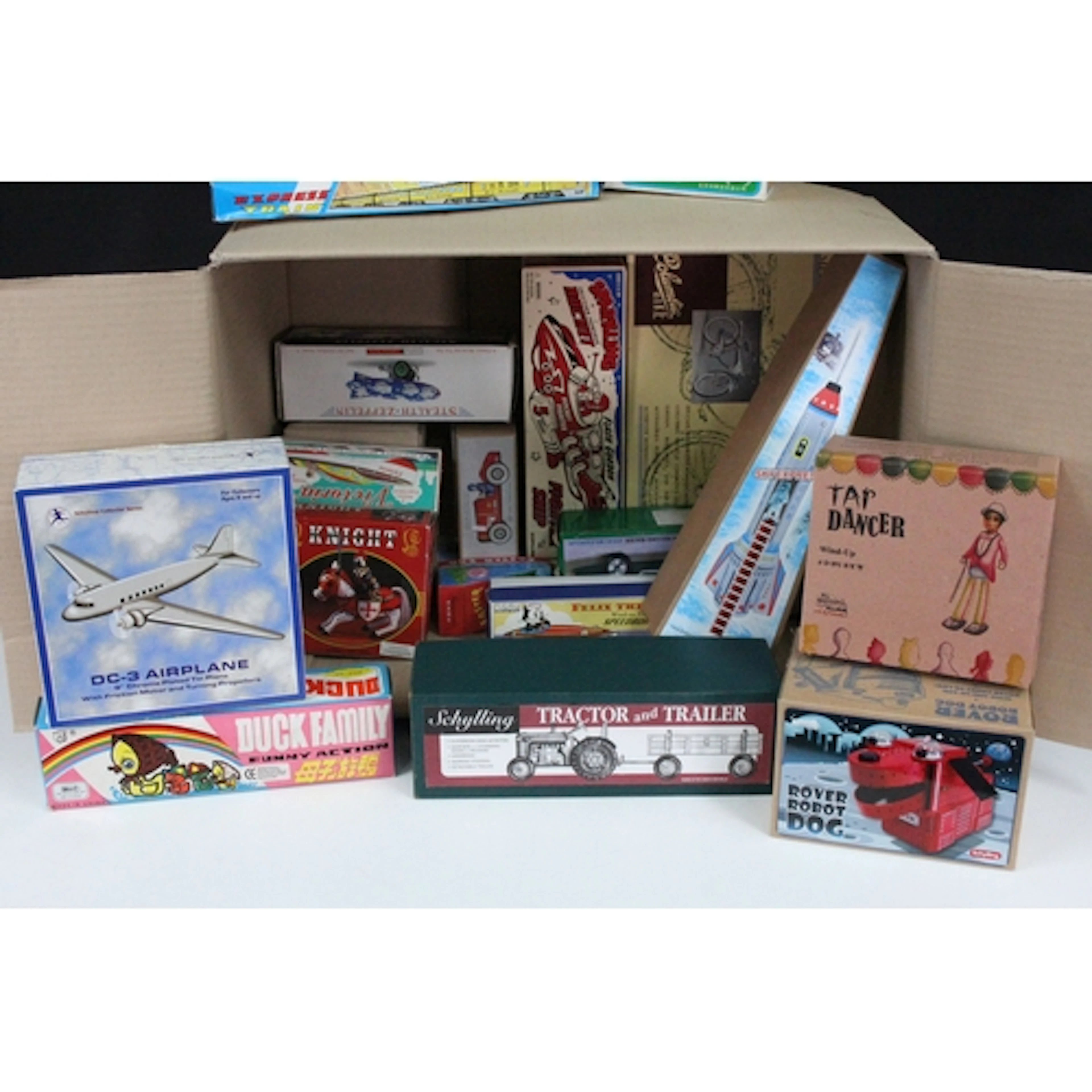20 Boxed tin plate models to include MS458 Motorcycle, Schyl...