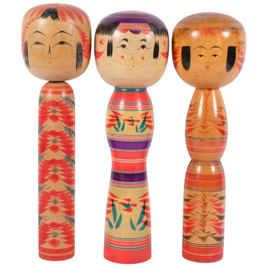 A group of 3 large Japanese hand-painted Kokeshi dolls, H36c...